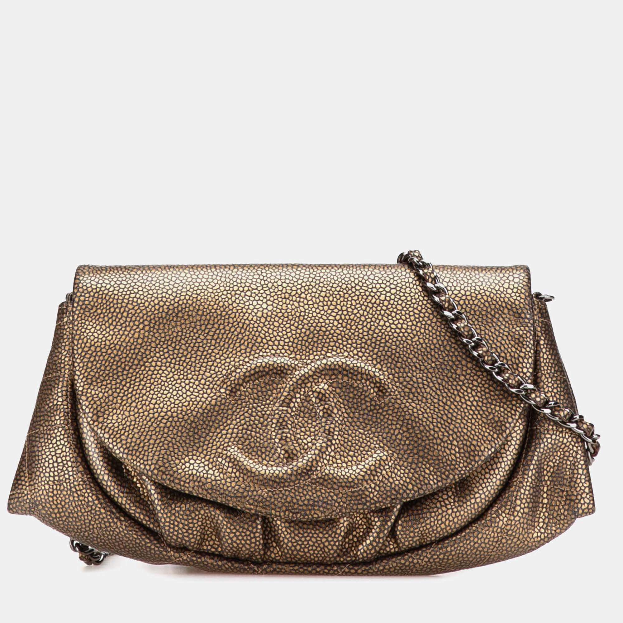 Pre Owned Chanel Gold CC Metallic Caviar Half Moon Wallet on Chain