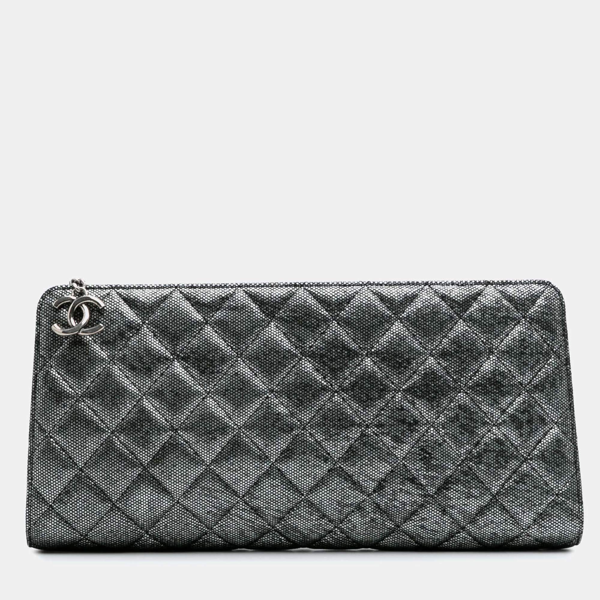Chanel Silver CC Quilted Metallic Calfskin Zip Clutch