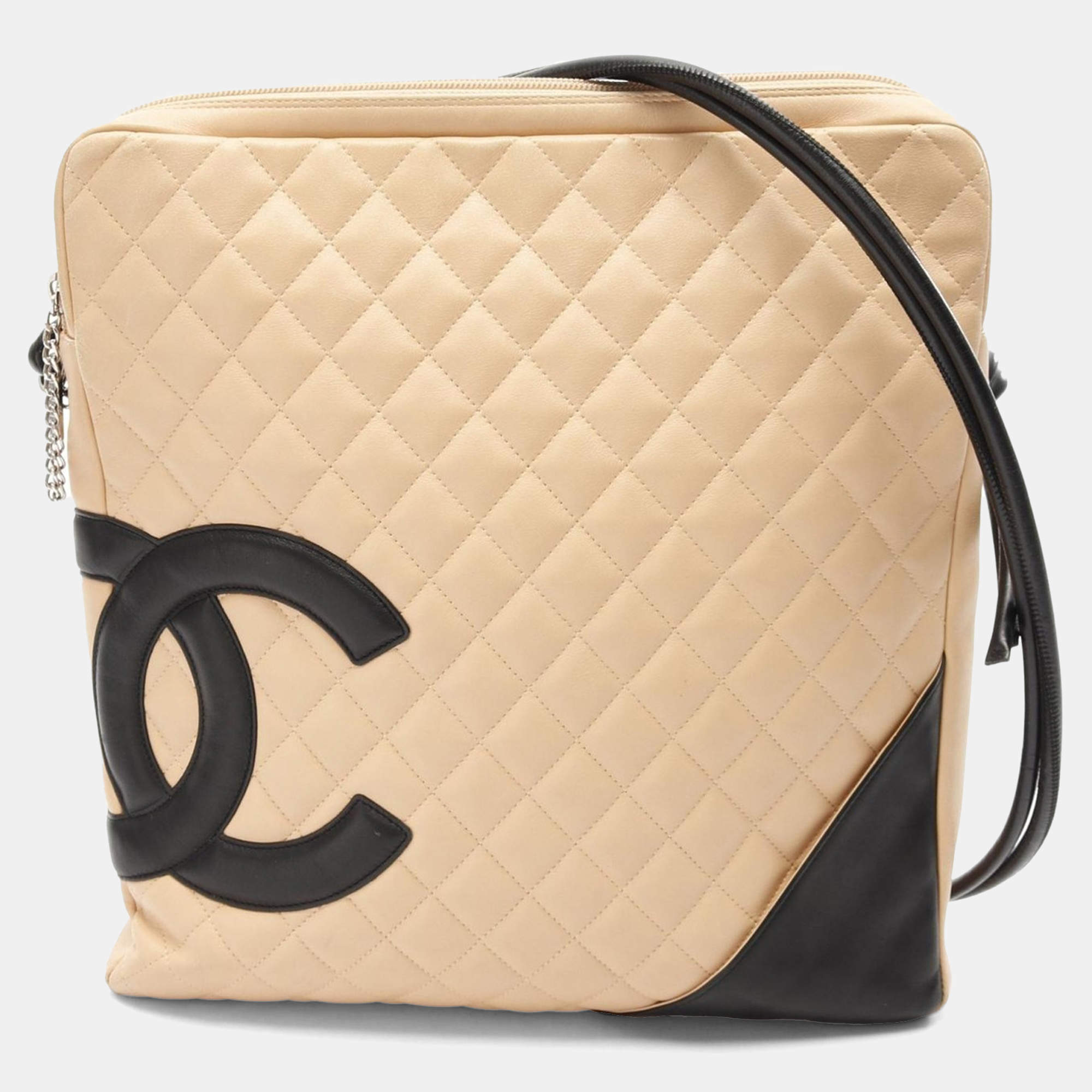 Pre Owned Chanel Cambon Line Beige/Black Leather Large Pochette Shoulder Bag