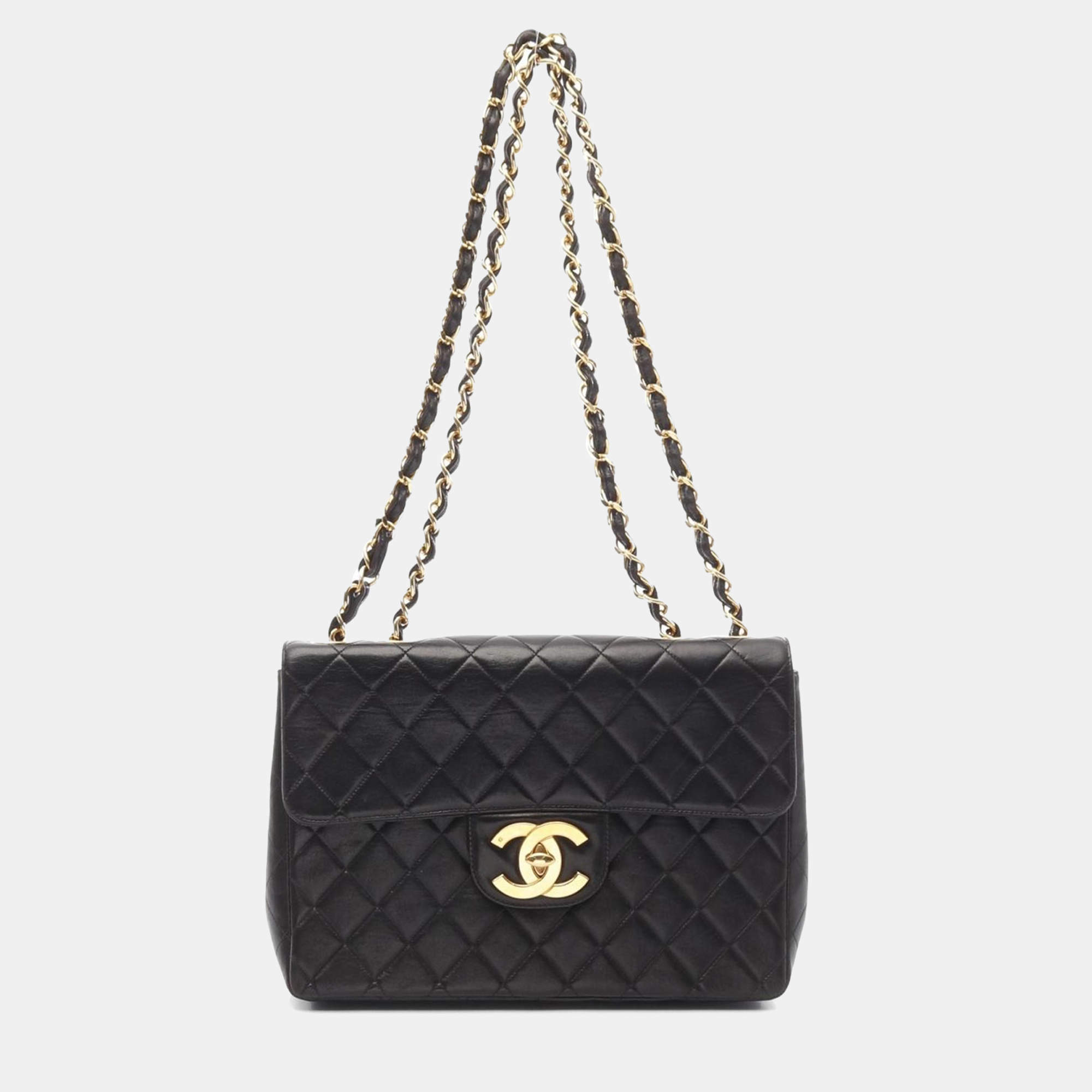 Pre Owned Chanel Black Lambskin Flap Shoulder Bag
