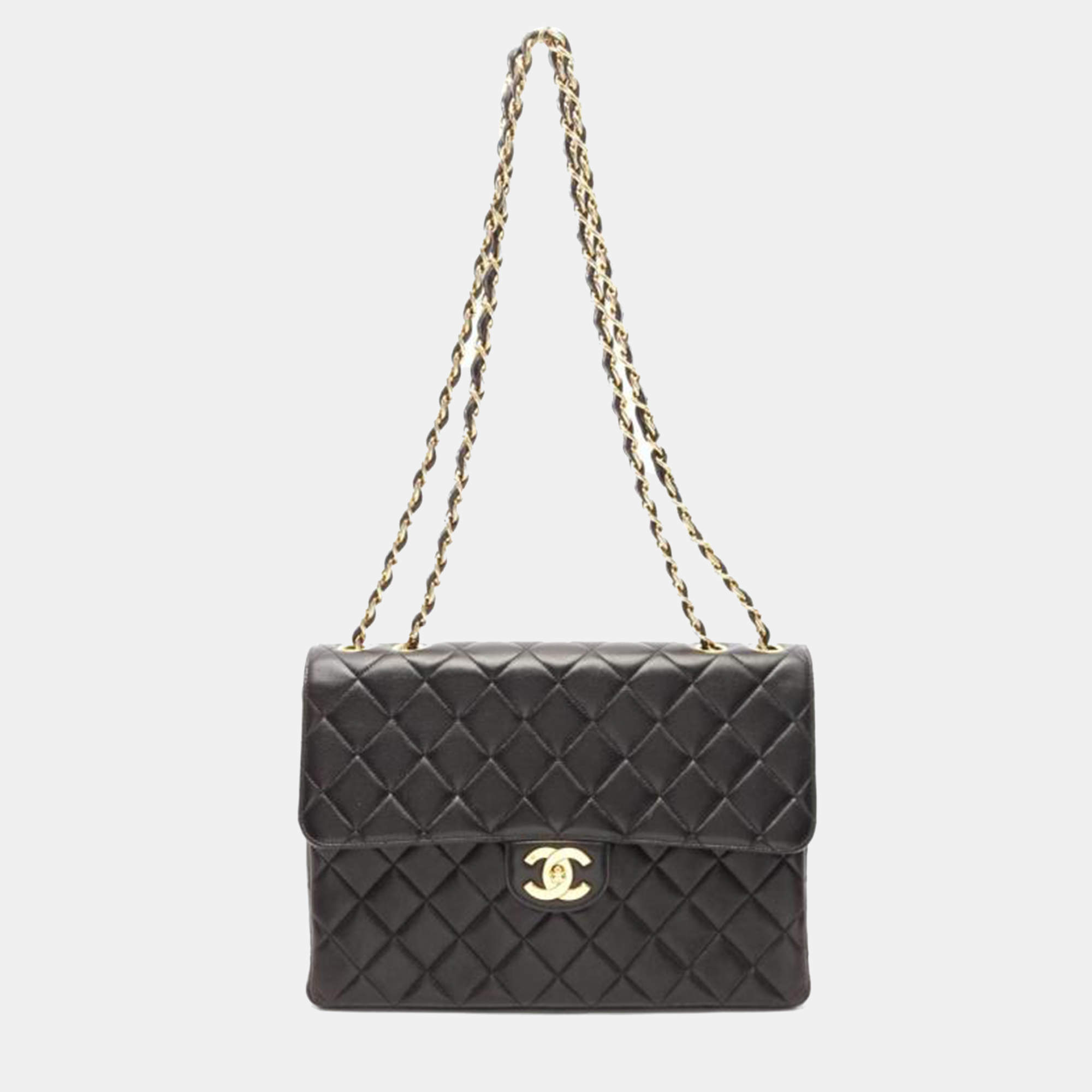 Pre Owned Chanel Jumbo Single Flap Black Lambskin Shoulder Chain Bag
