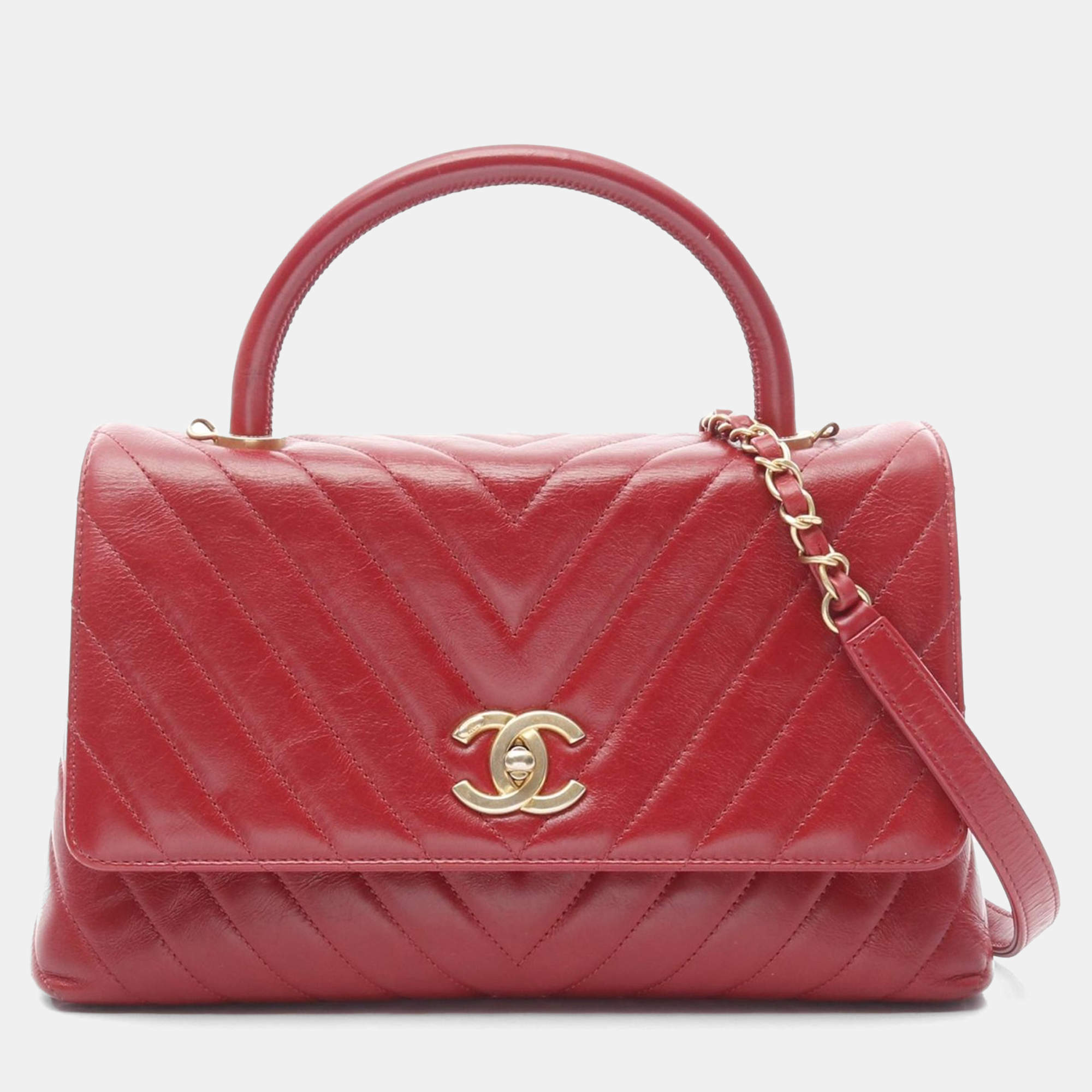 Chanel Coco Handle Red V Stitch Leather Top Handle Bag
