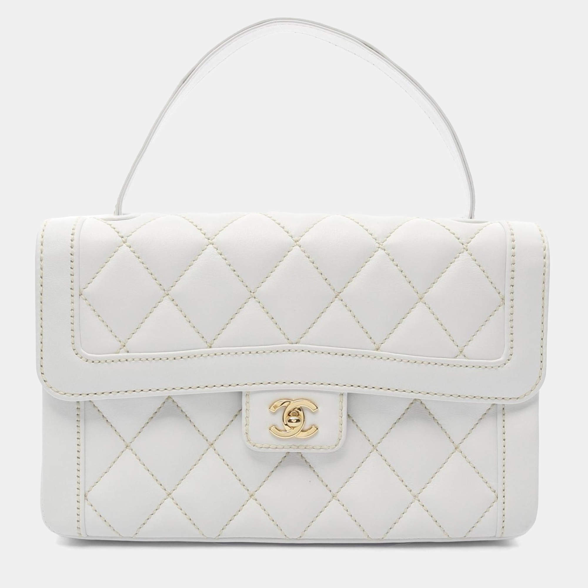 Chanel Wild Stitch CC White Lambskin Leather Flap Handbag
