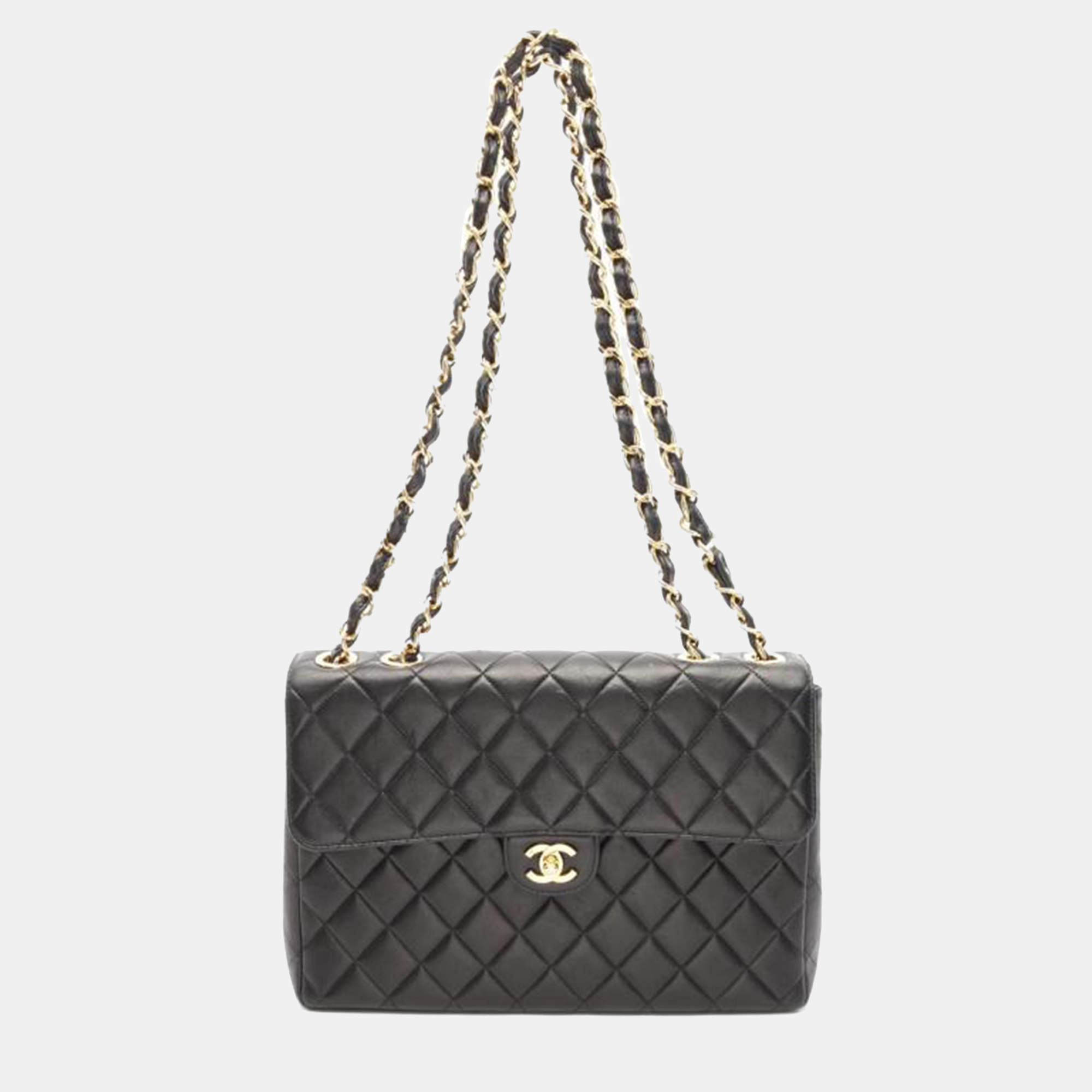 Chanel  Single Flap Jumbo Black Matelasse Lamb Leather Shoulder Bag