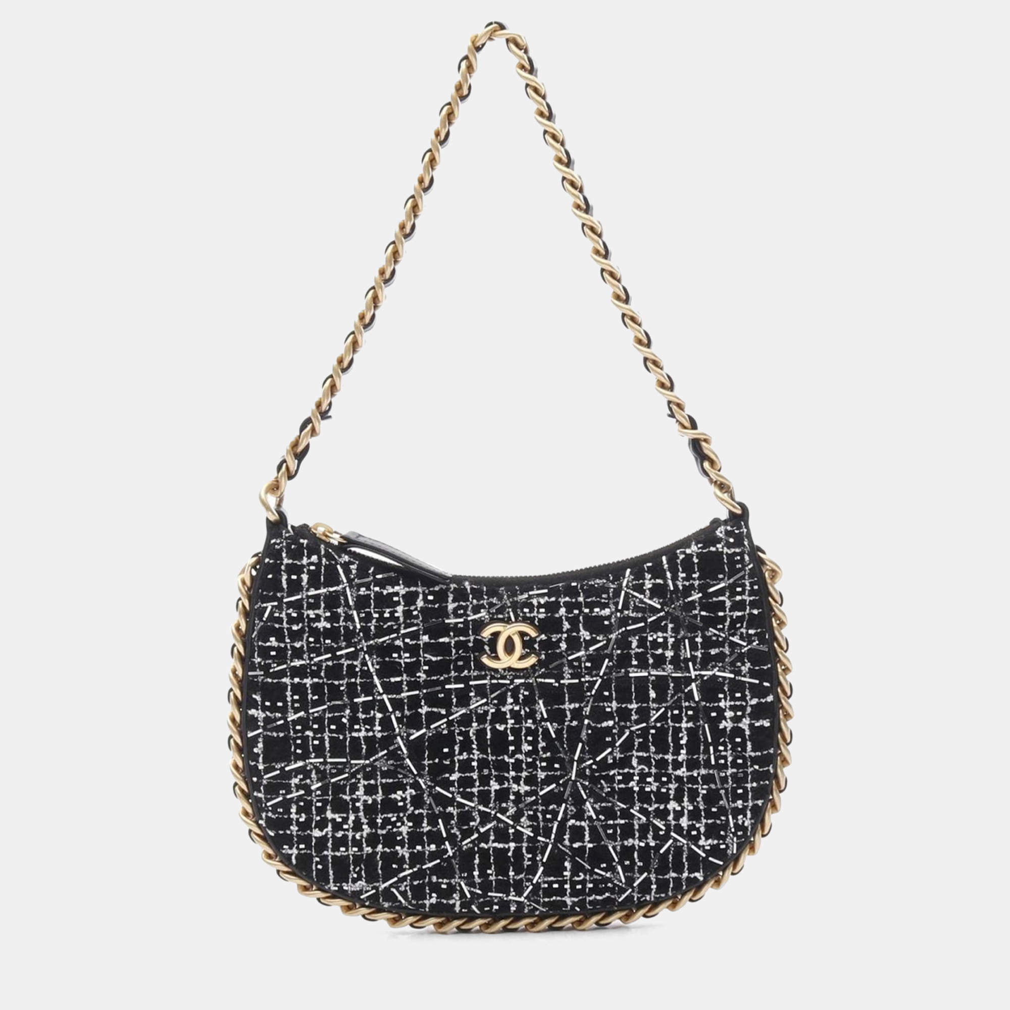 Pre Owned Chanel Trendy Chain Around Tweed Sequin Quilted Black White Hobo Bag