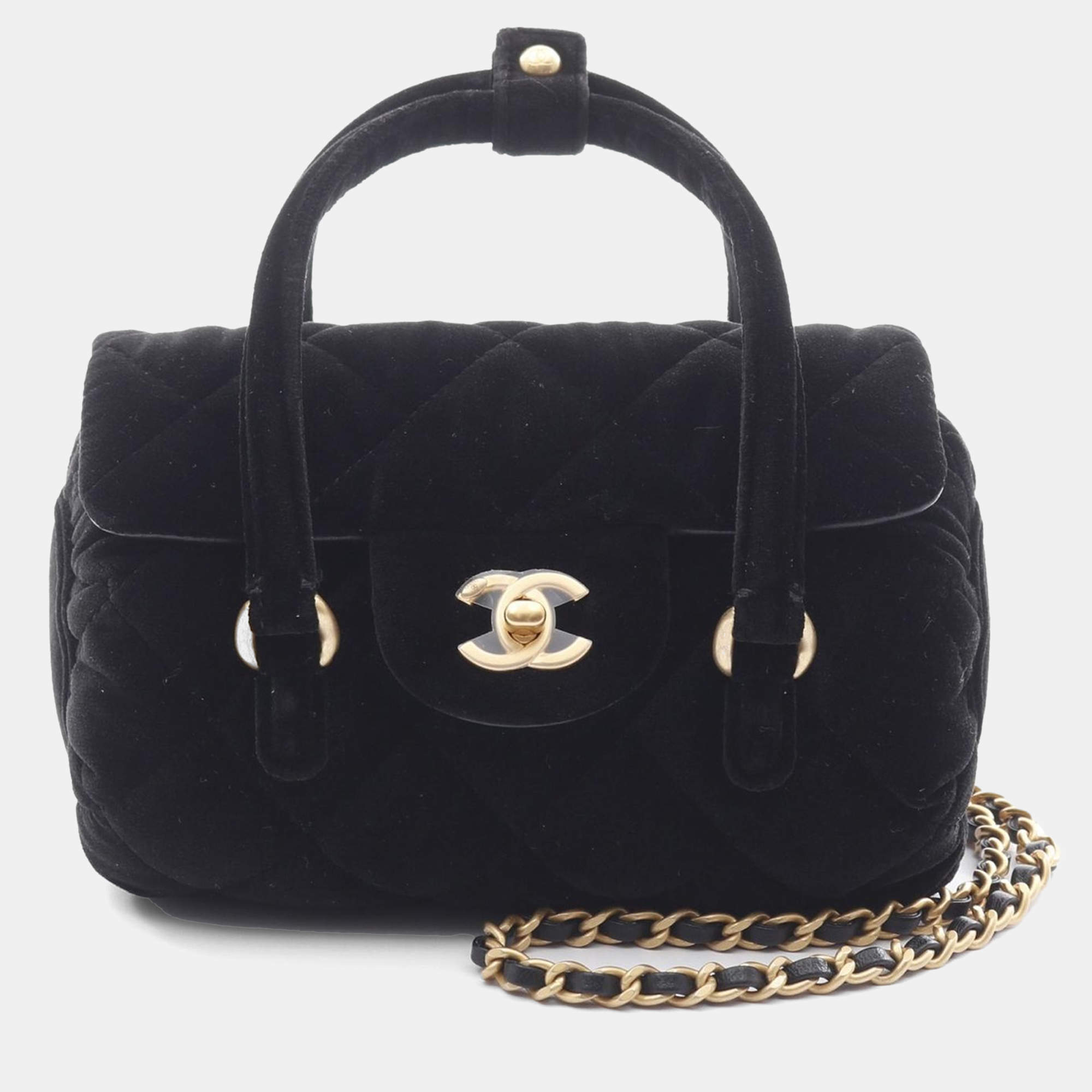 Chanel Black Velvet Quilted Mini Top Handle Flap Bag