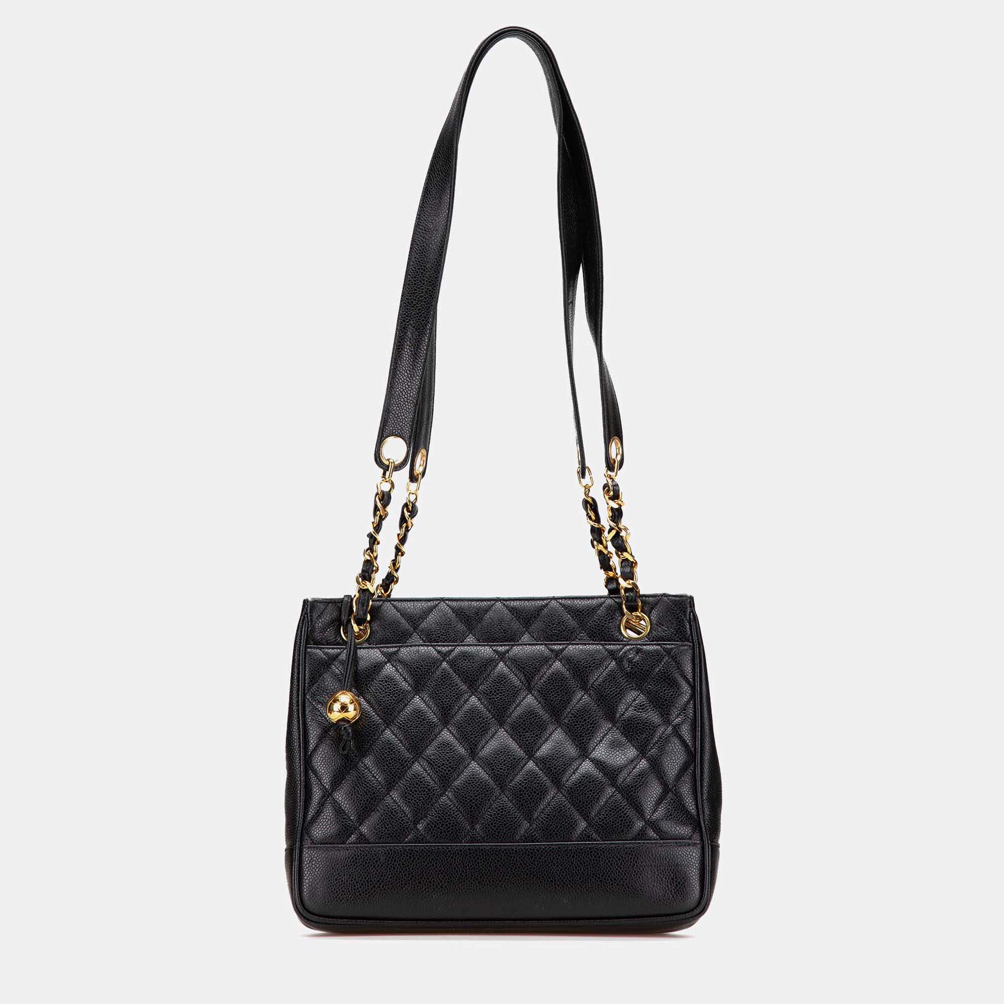 Pre Owned Chanel Black Quilted Caviar Chain Tote