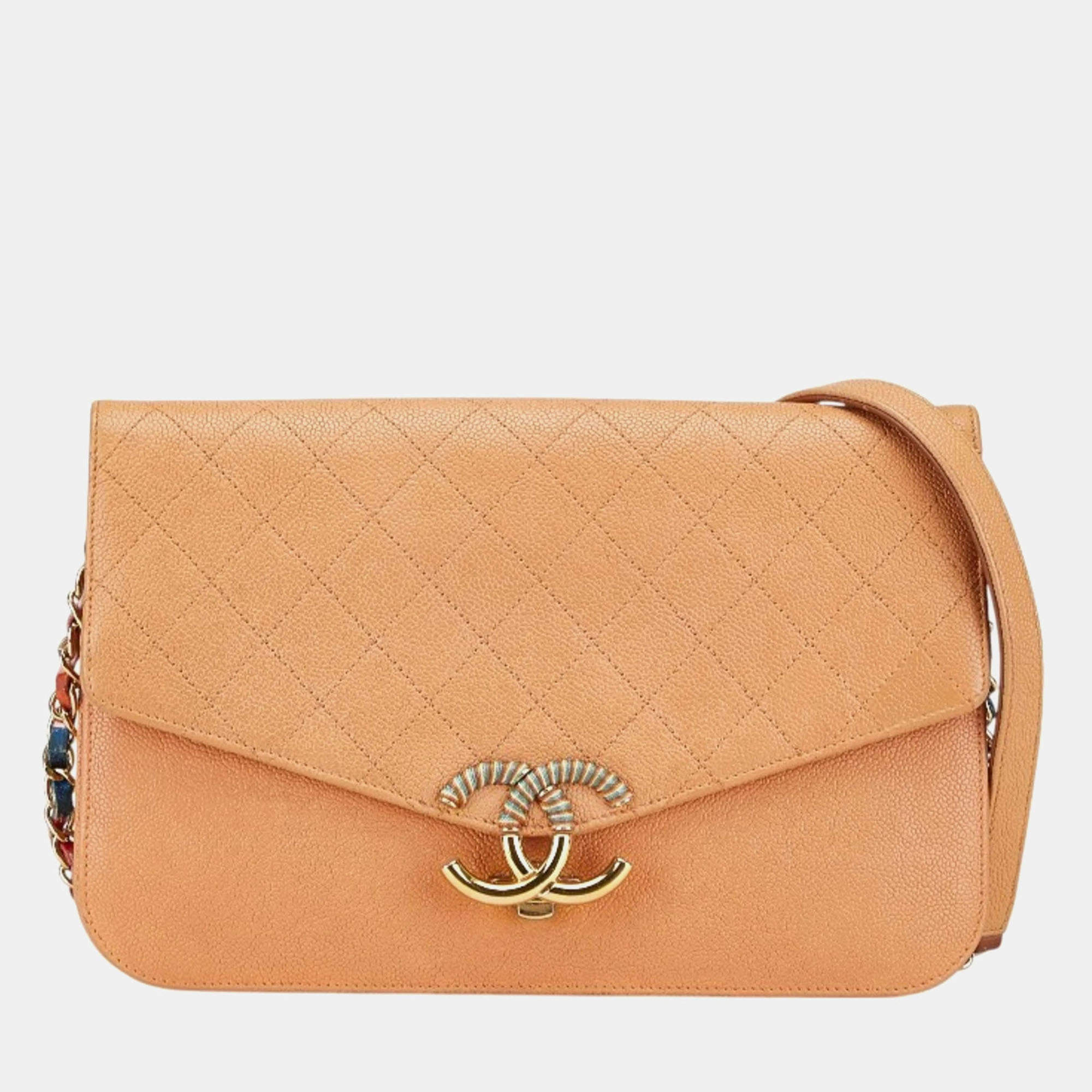 Pre Owned Chanel Half Coco Orange Beige Caviar Shoulder Bag