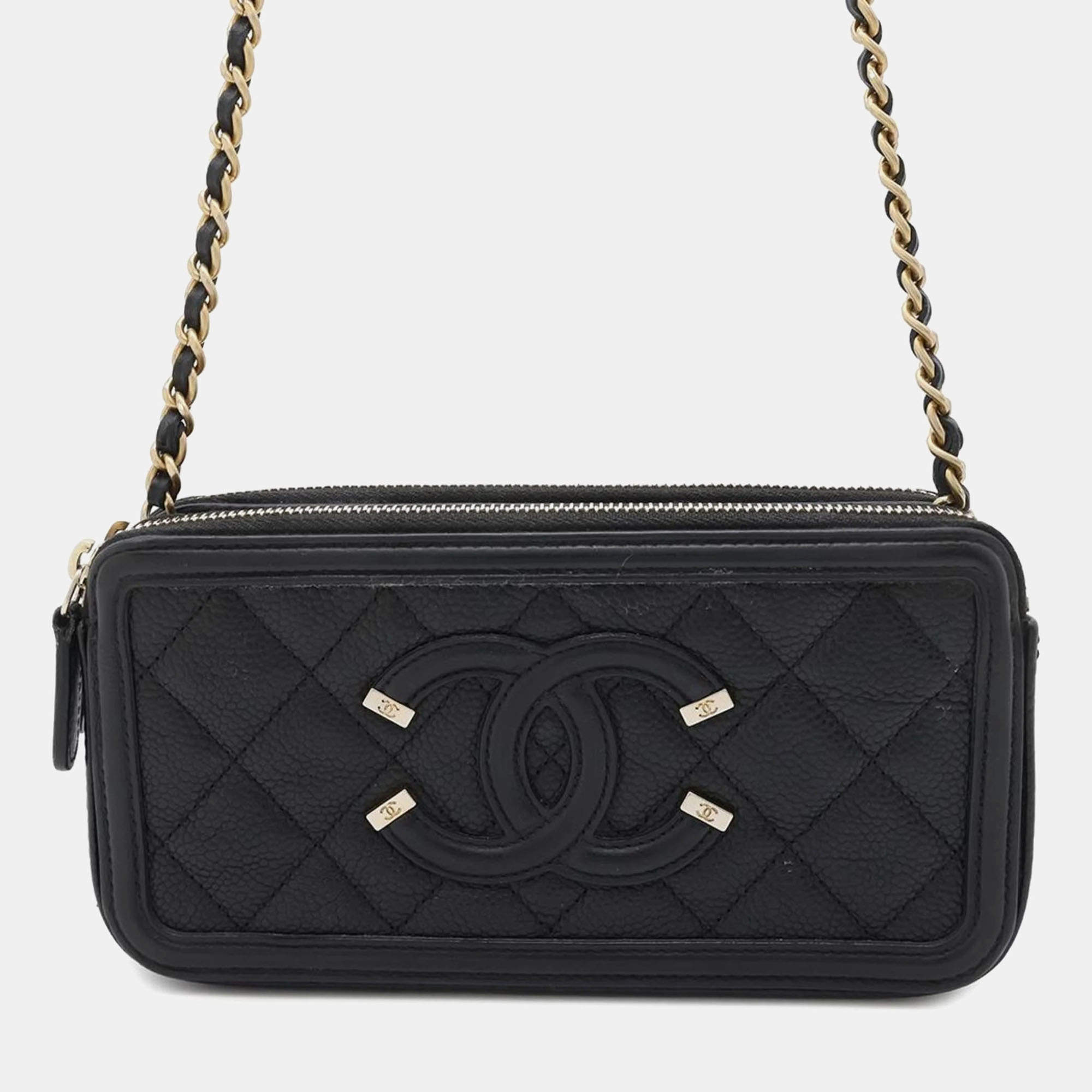 Chanel CC Filigree Long Black Caviar Skin Chain Wallet