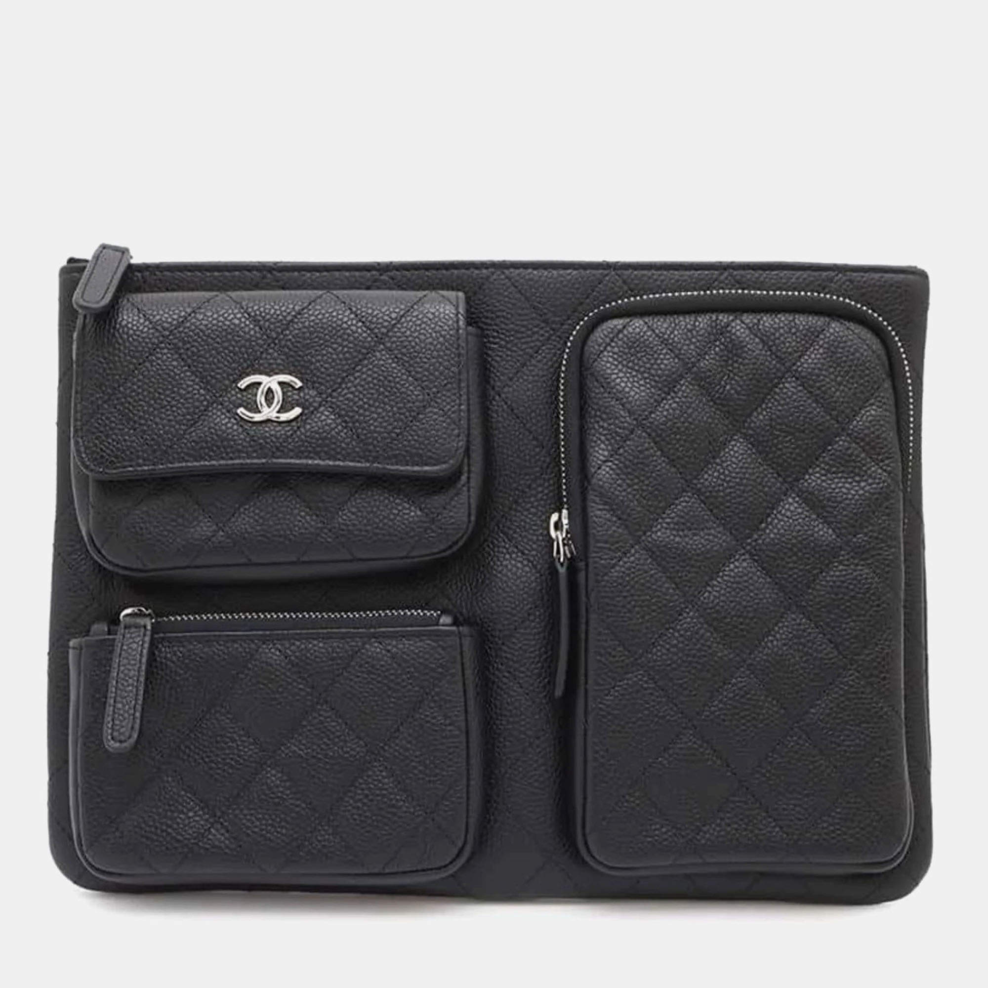 Chanel Multi Pouch Black Caviar Quilted Zipped Case