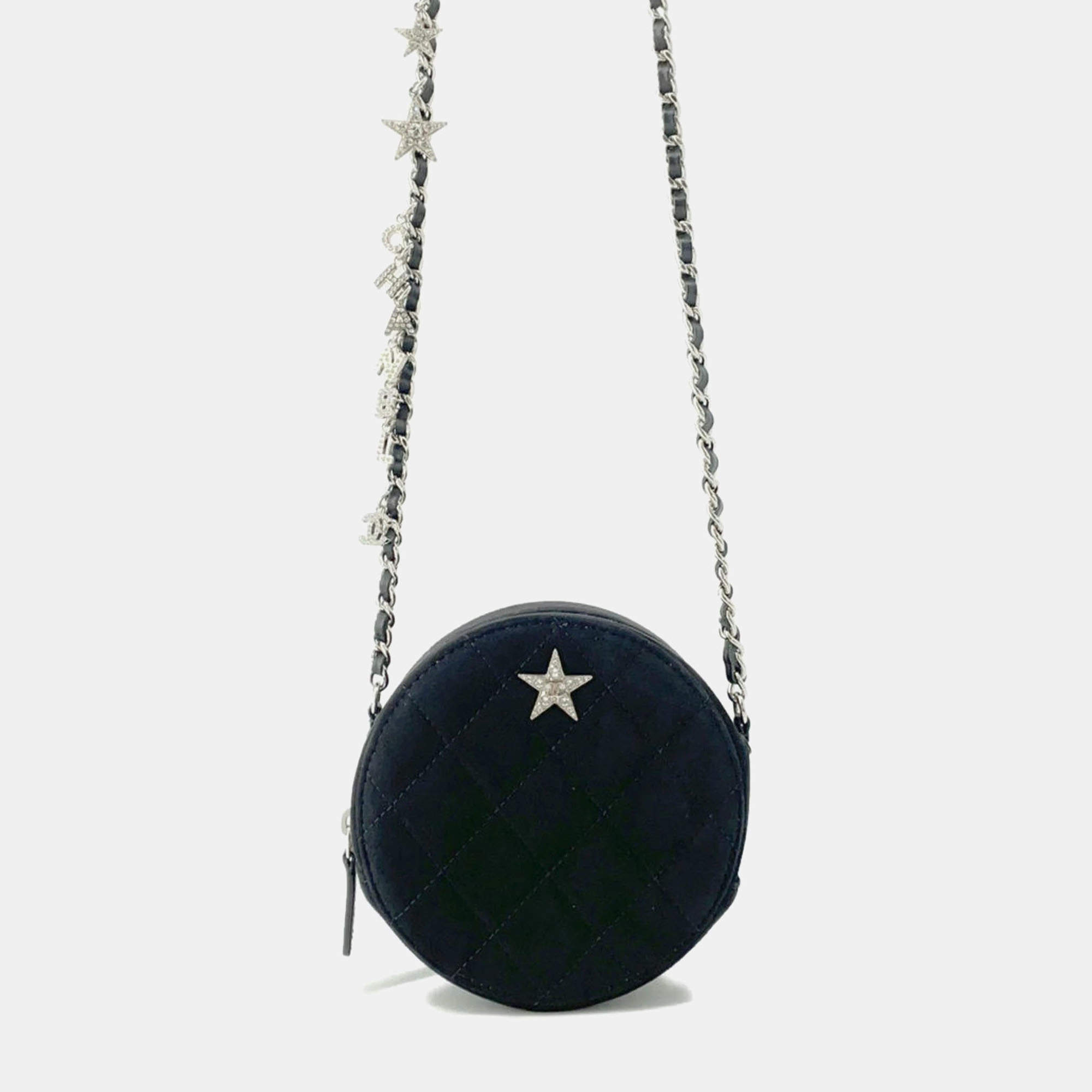 Chanel Star Round Quilted Suede with Crystal Embellished Charms Clutch with Chain 
