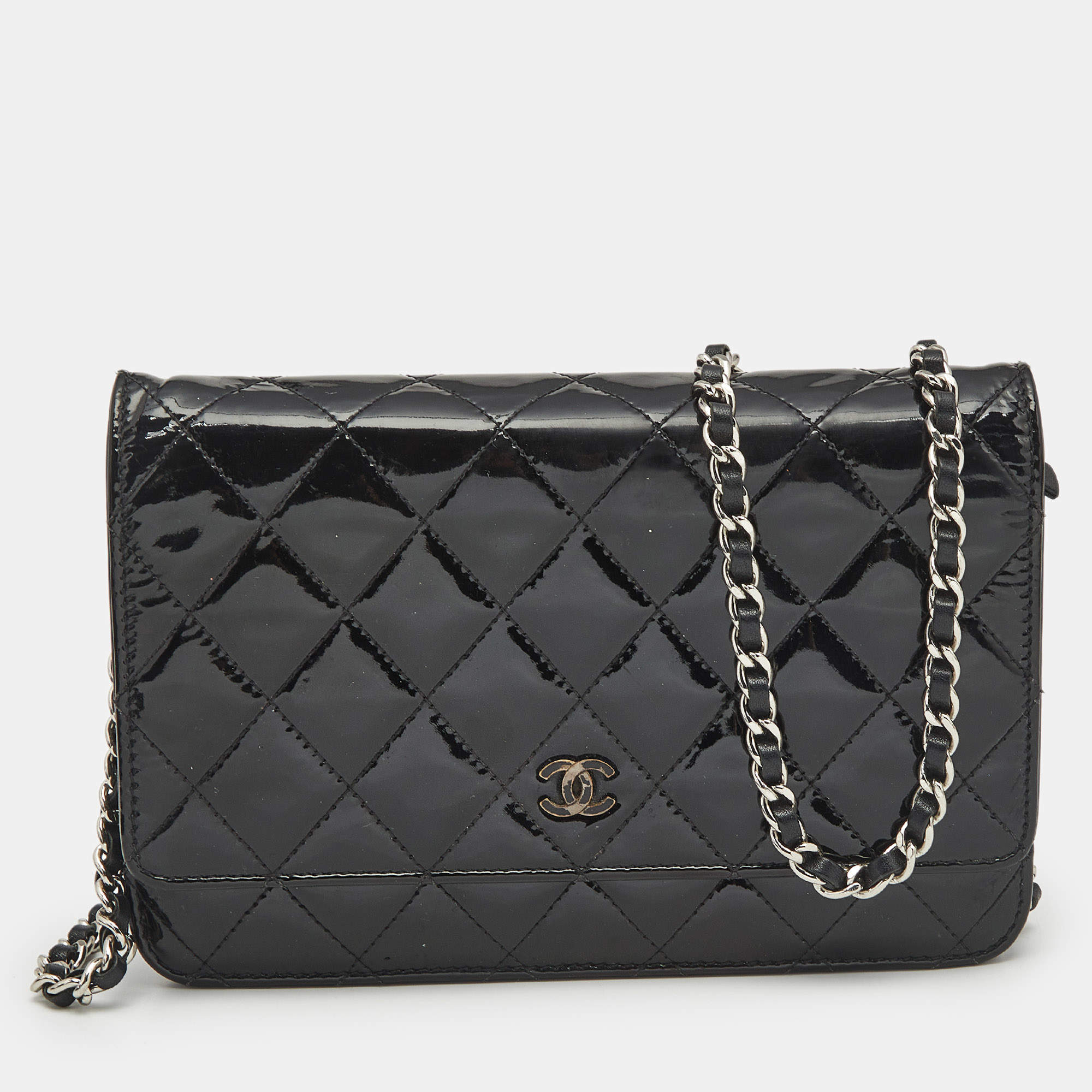 Chanel Black Quilted Patent Leather CC Wallet On Chain