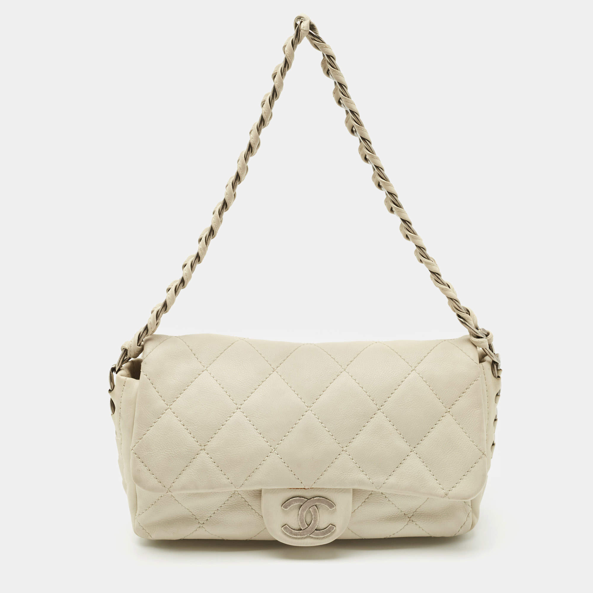 Chanel Off White Quilted Leather Braided Flap Bag