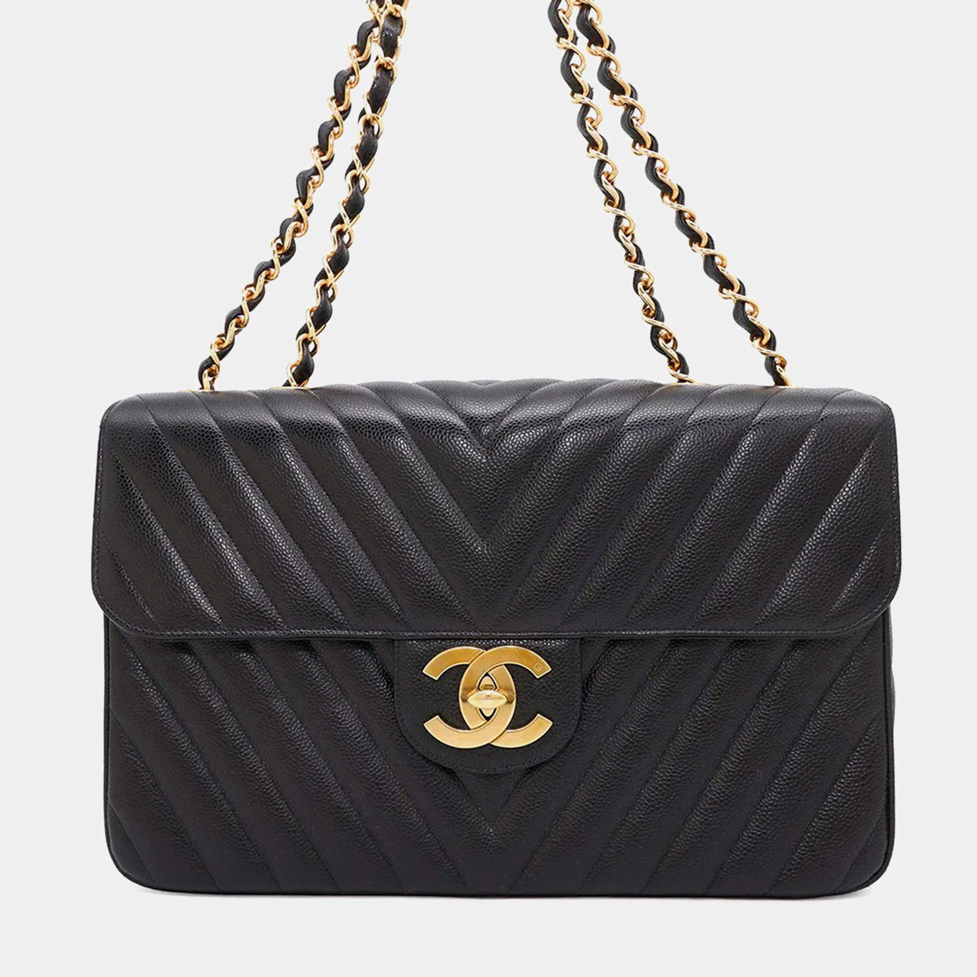 Chanel Chevron Black Caviar Leather Shoulder Bag