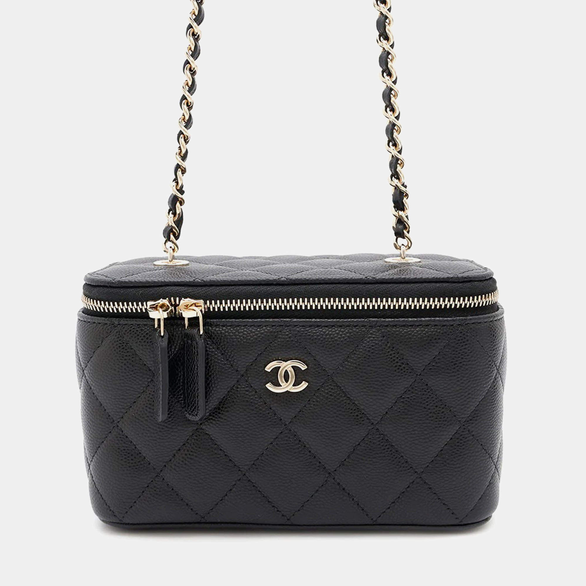 Chanel Matelasse Vanity Chain Black Caviar Leather Shoulder Bag 