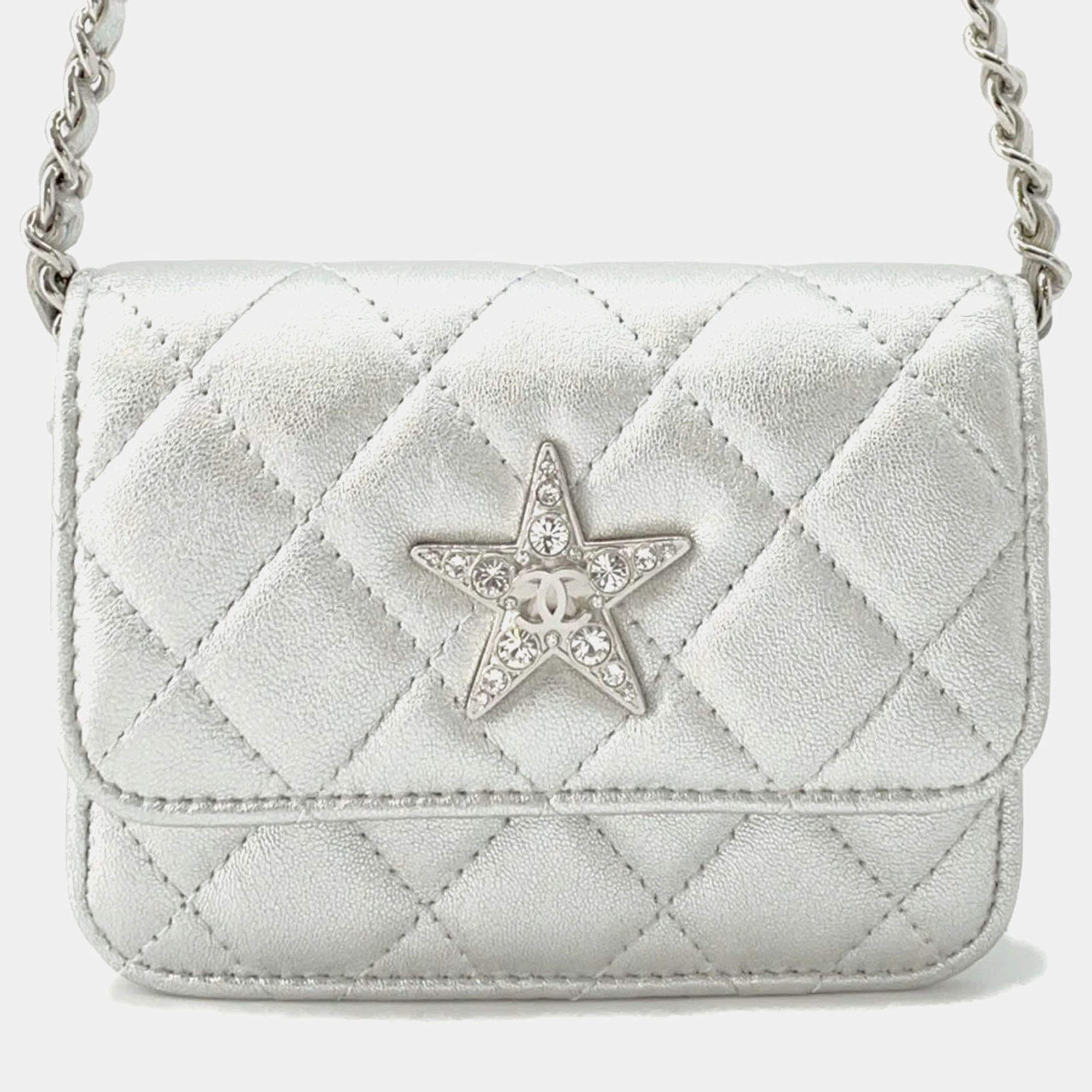 Chanel Matelasse Star Motif Chain card Case Silver Lambskin