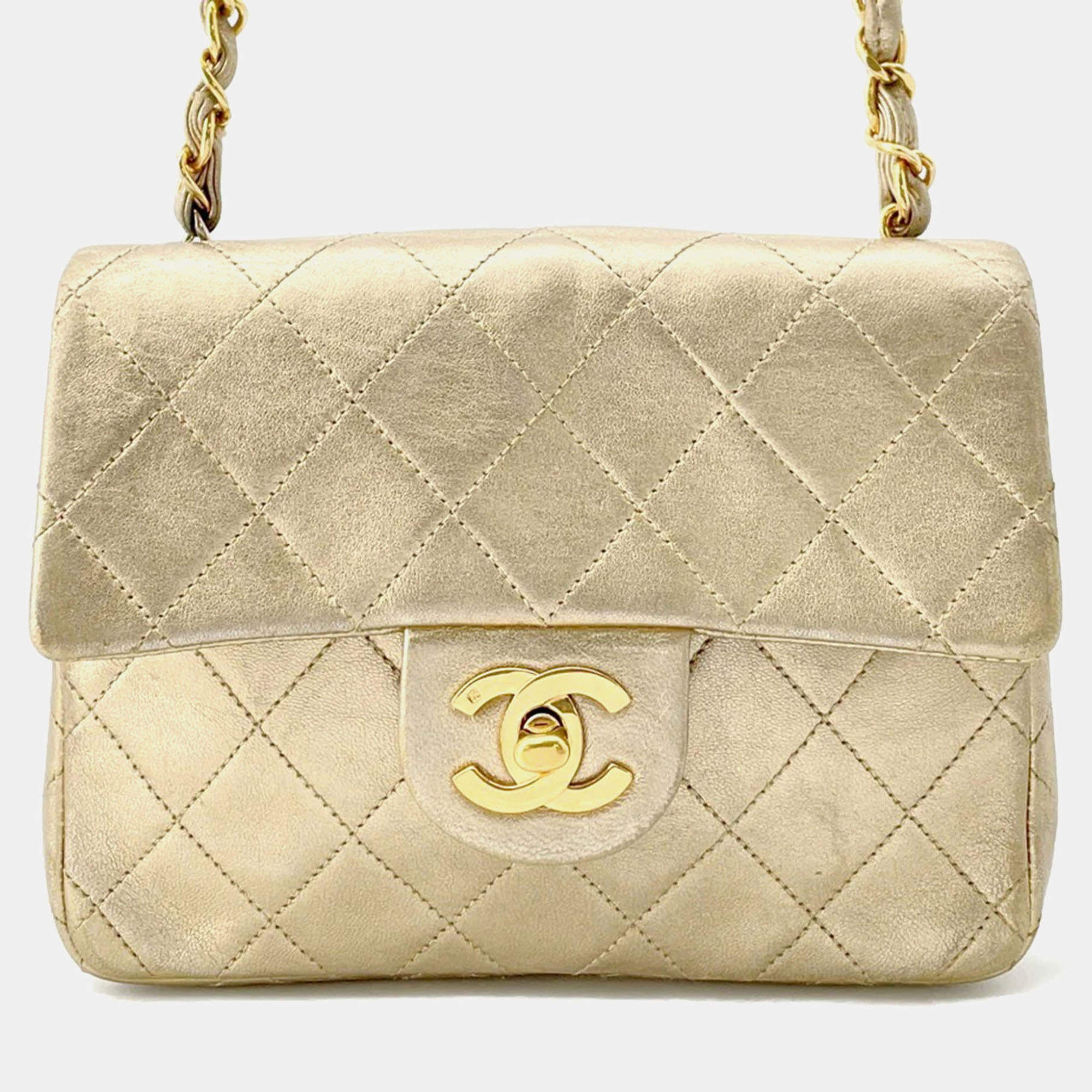 Pre Owned Chanel Mini Matelasse Gold Lambskin Chain shoulder Bag