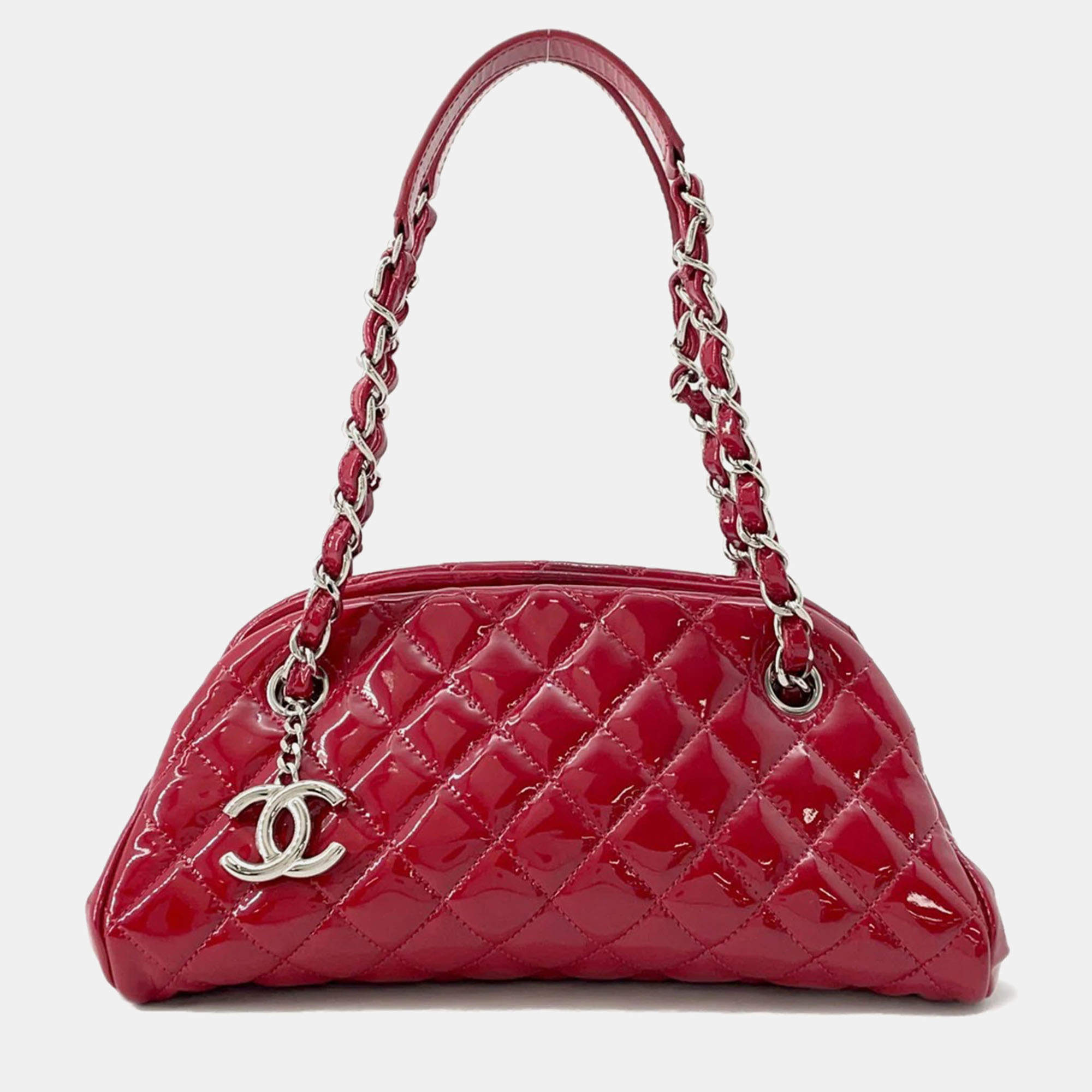 Chanel Mademoiselle Red Patent Leather Chain Bowling Bag 