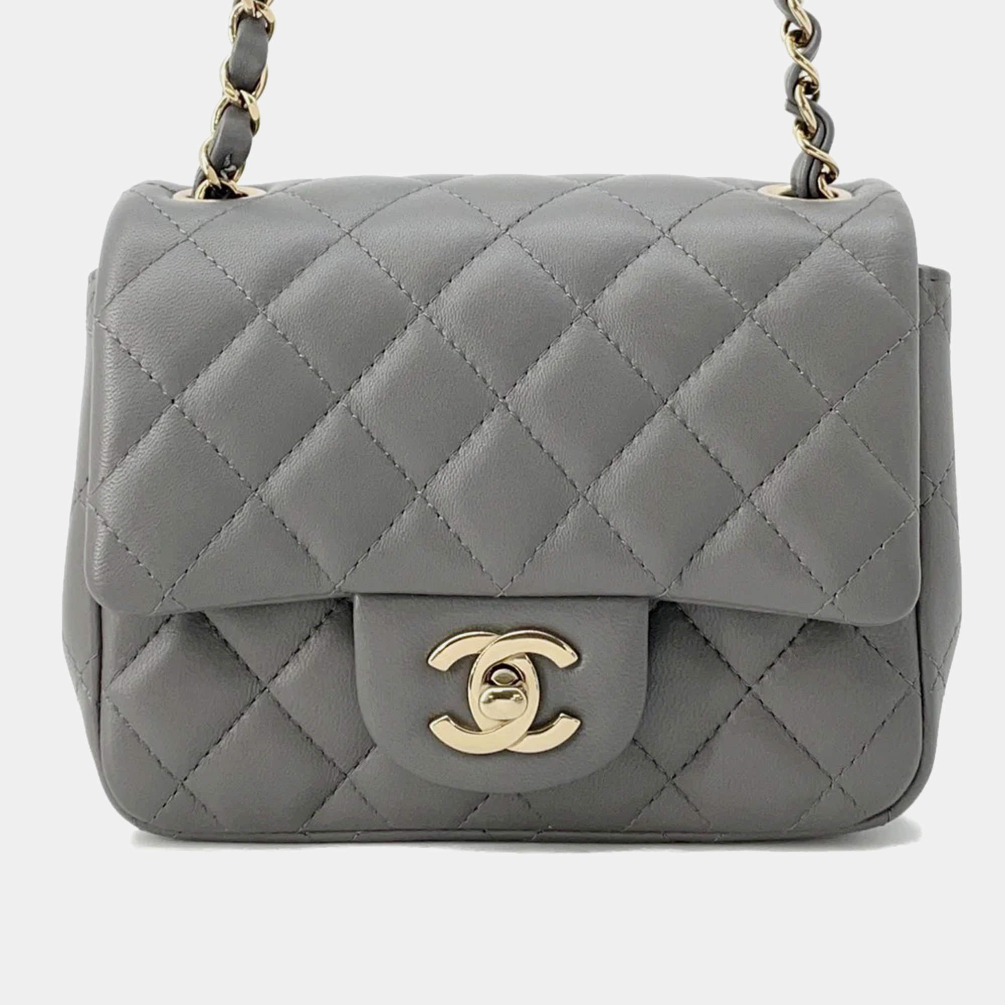 Chanel Gray Lambskin Mini Matelasse Chain Shoulder Bag  