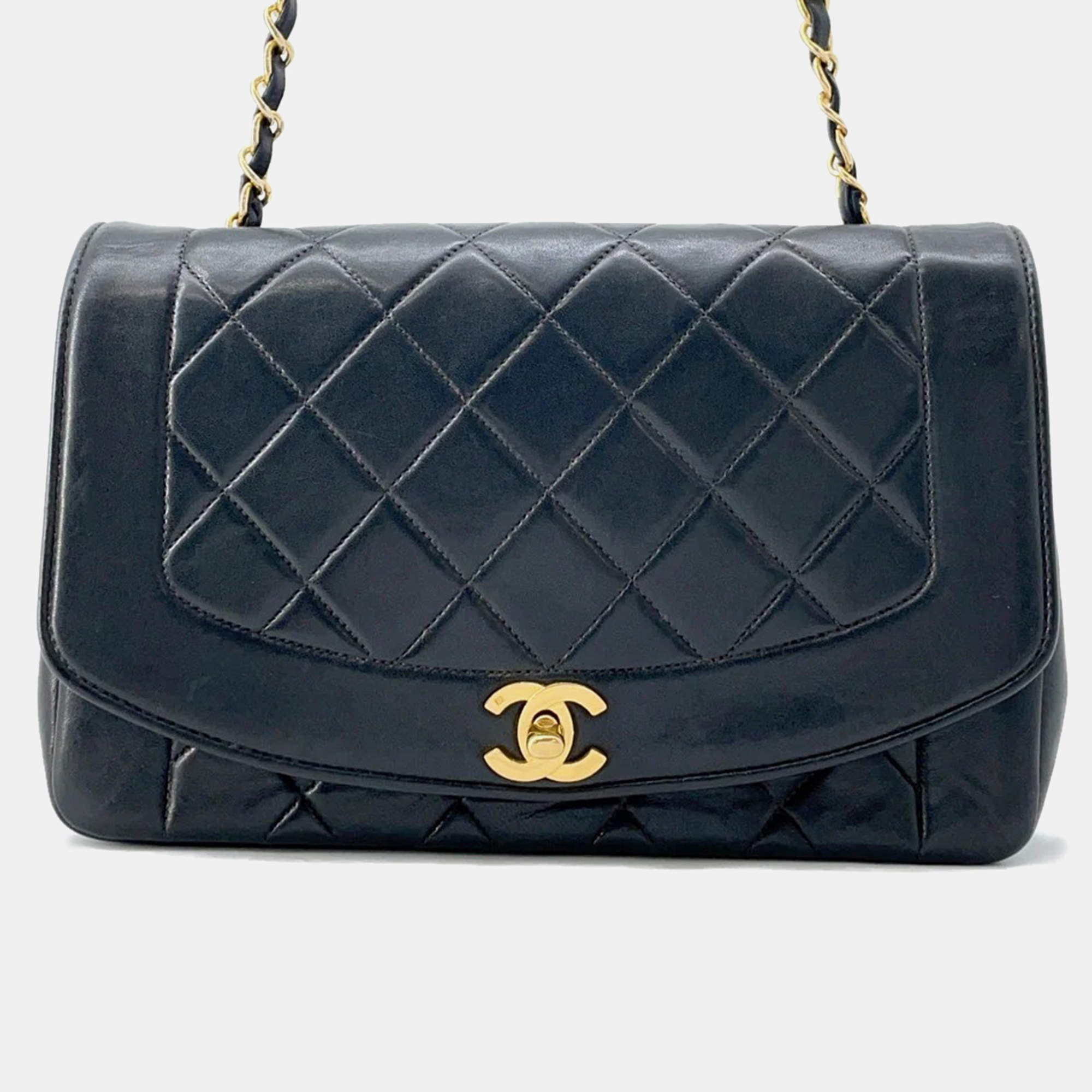 Pre Owned Chanel Diana Chain Black Lambskin Shoulder Bag 