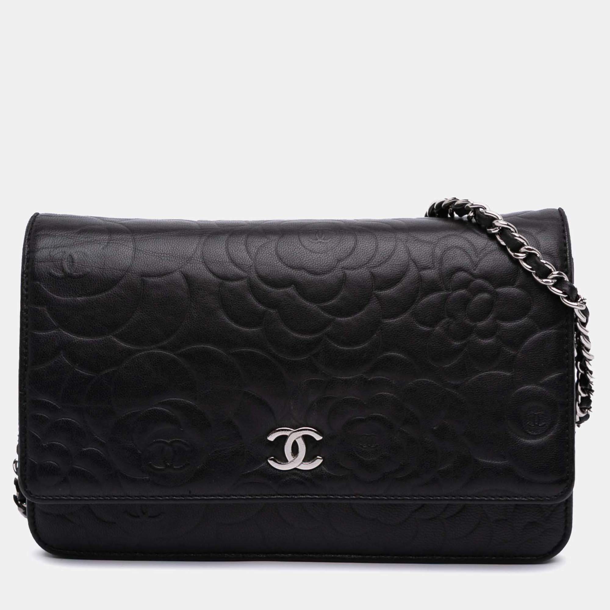 Chanel Black Lambskin Camellia Embossed Wallet On Chain