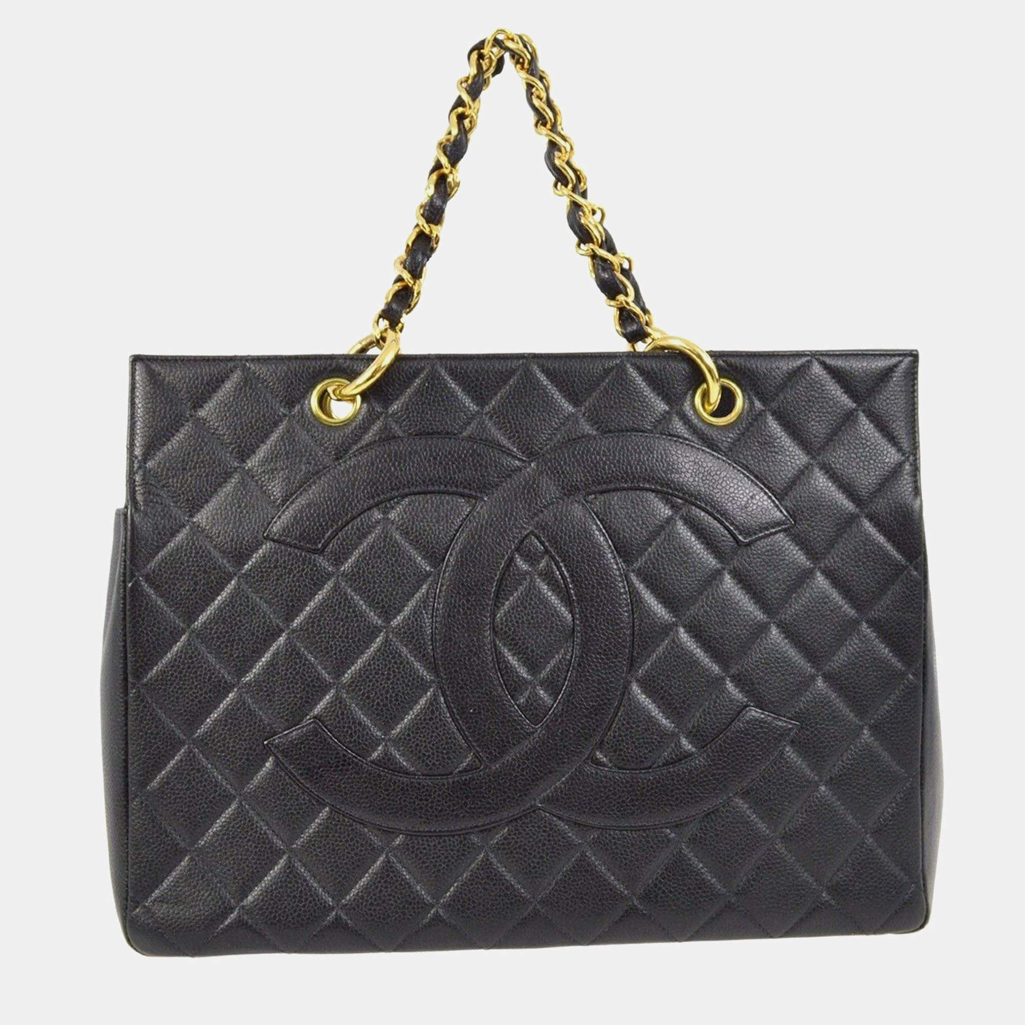 Pre Owned Chanel Black Calfskin Tote Chain Handbag