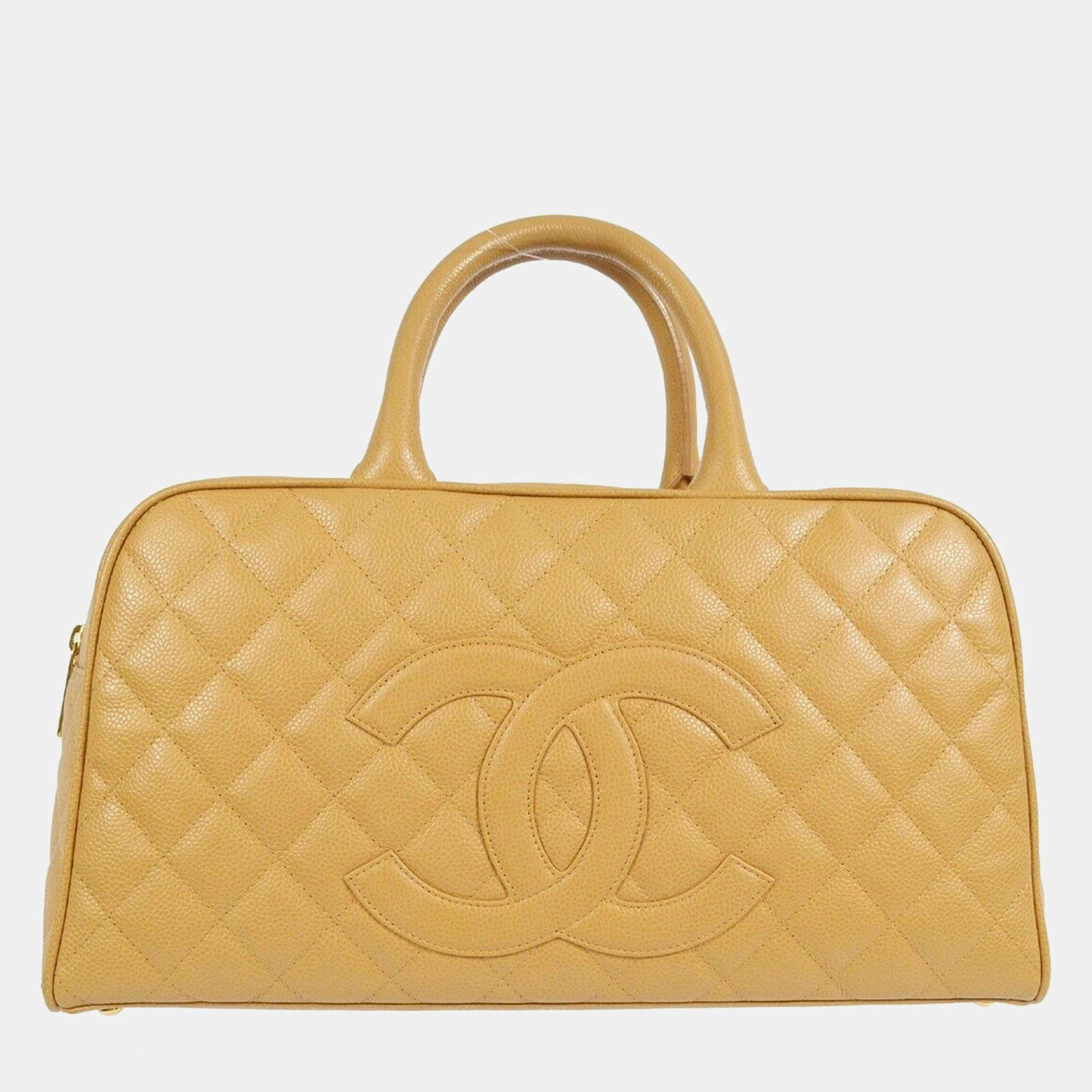 Chanel Bowling Beige Caviar Leather Top Handle Bag