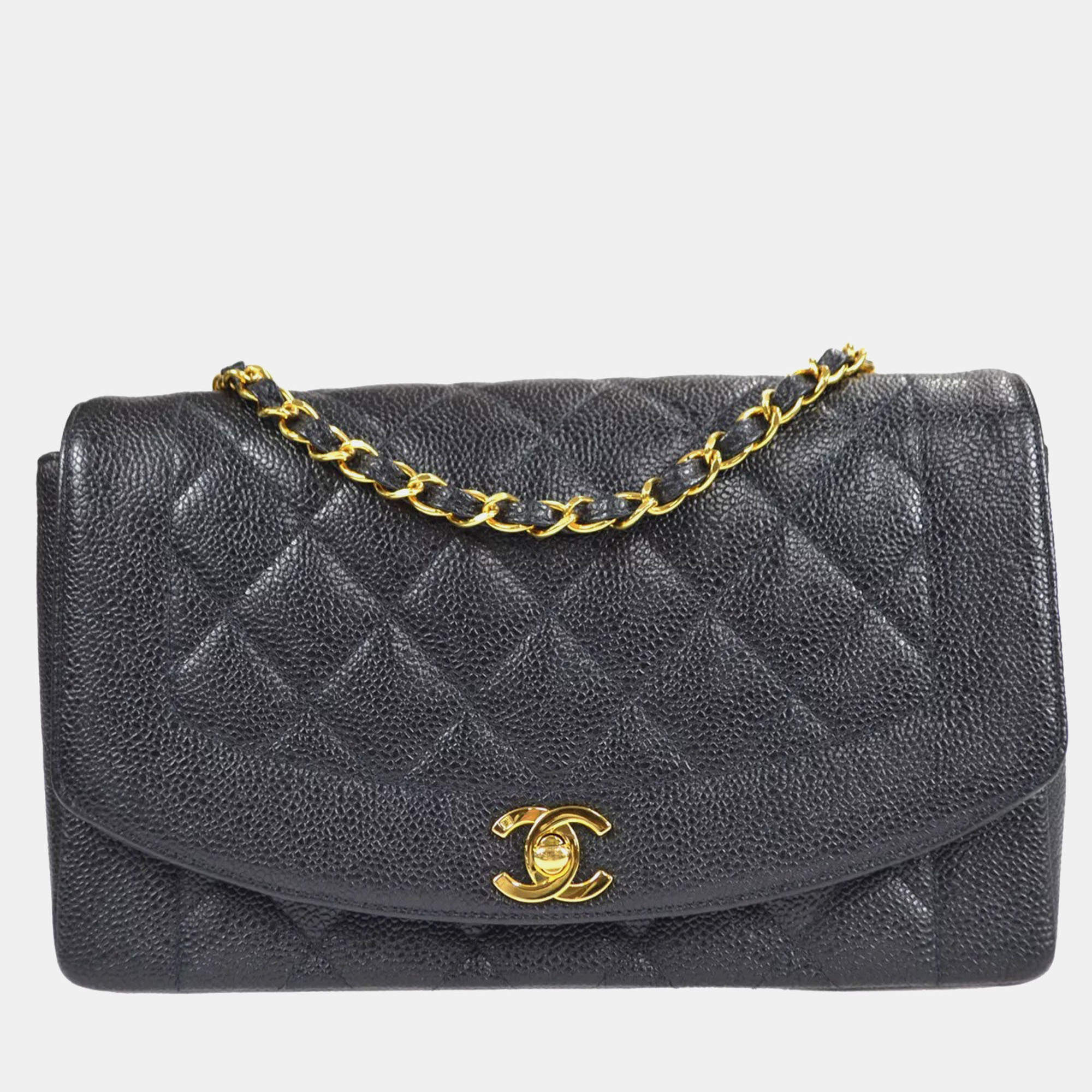 Pre Owned Chanel Diana Medium Black Leather Chain Shoulder Bag