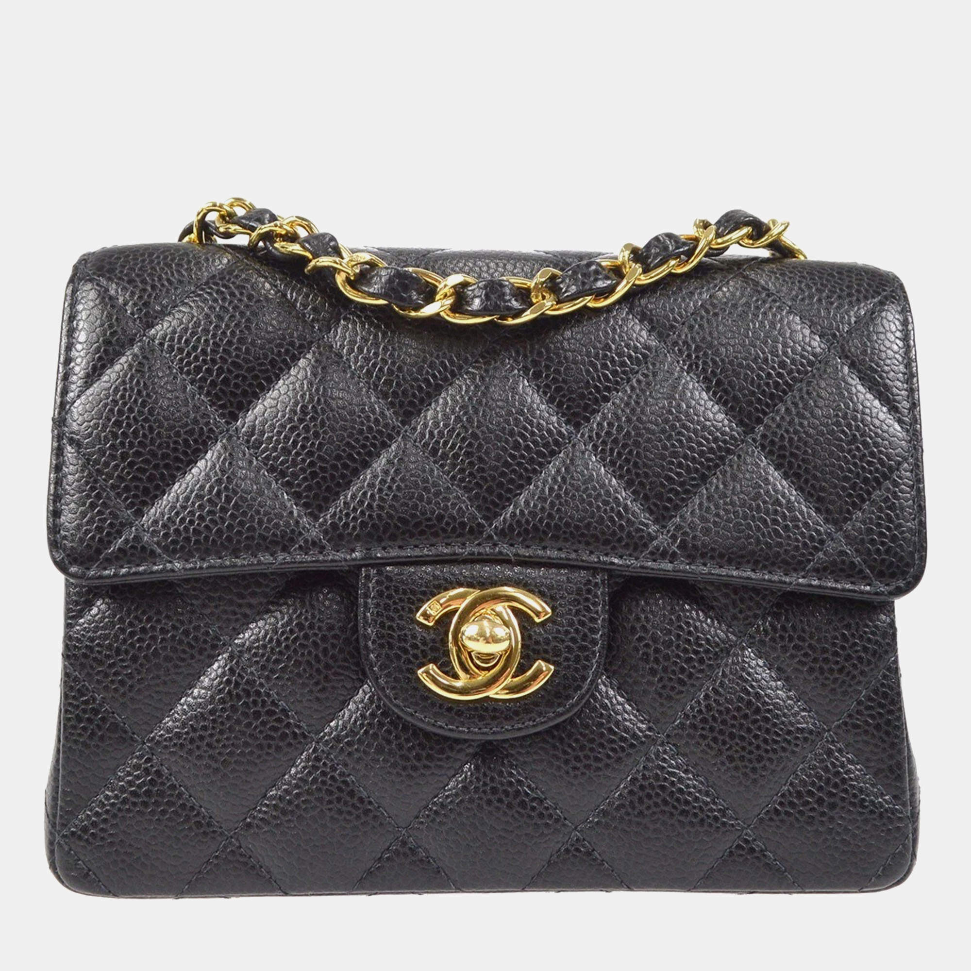 Pre Owned Chanel Classic Square Flap Mini Black Caviar Leather Shoulder Bag