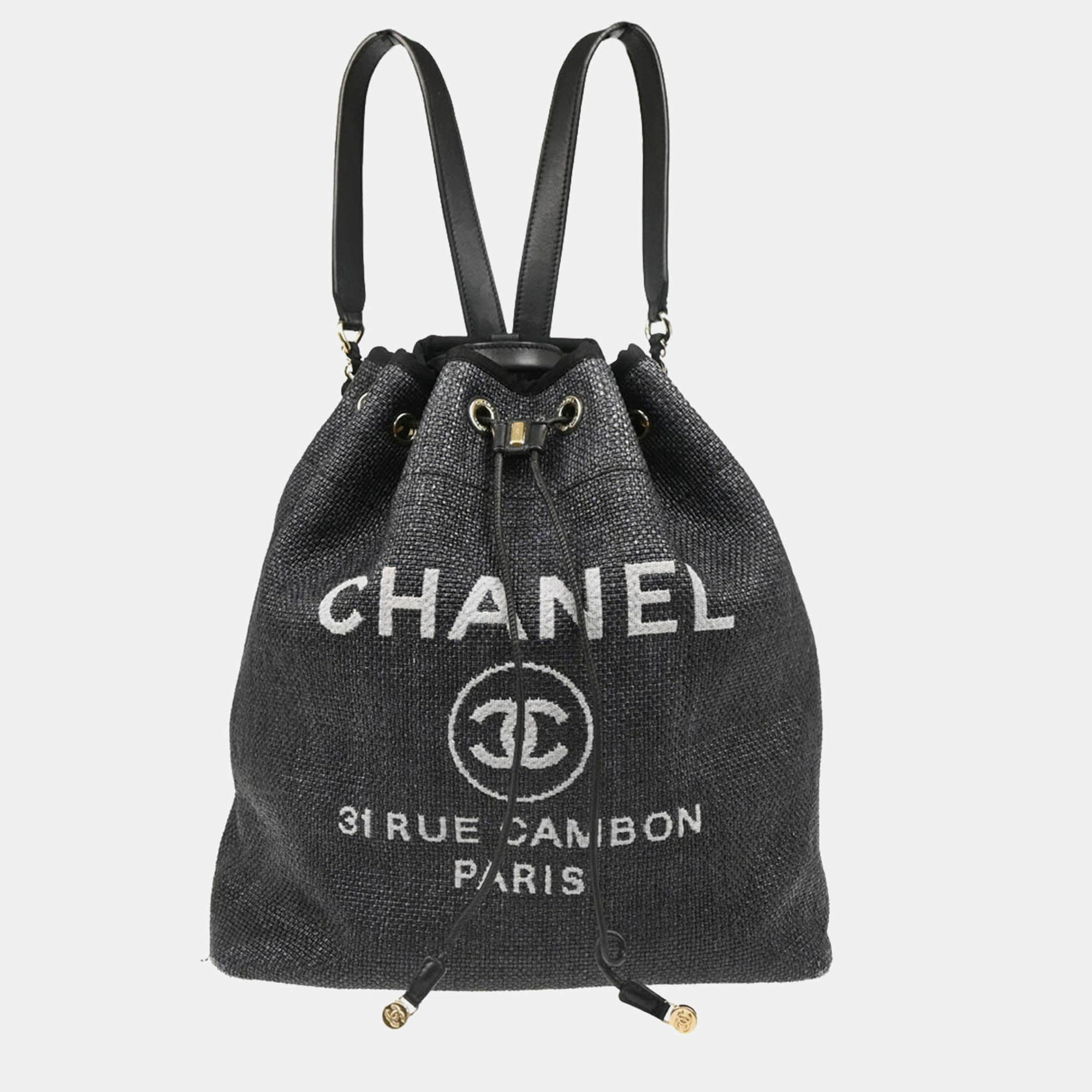 Chanel Deauville Black Straw Bucket Backpack