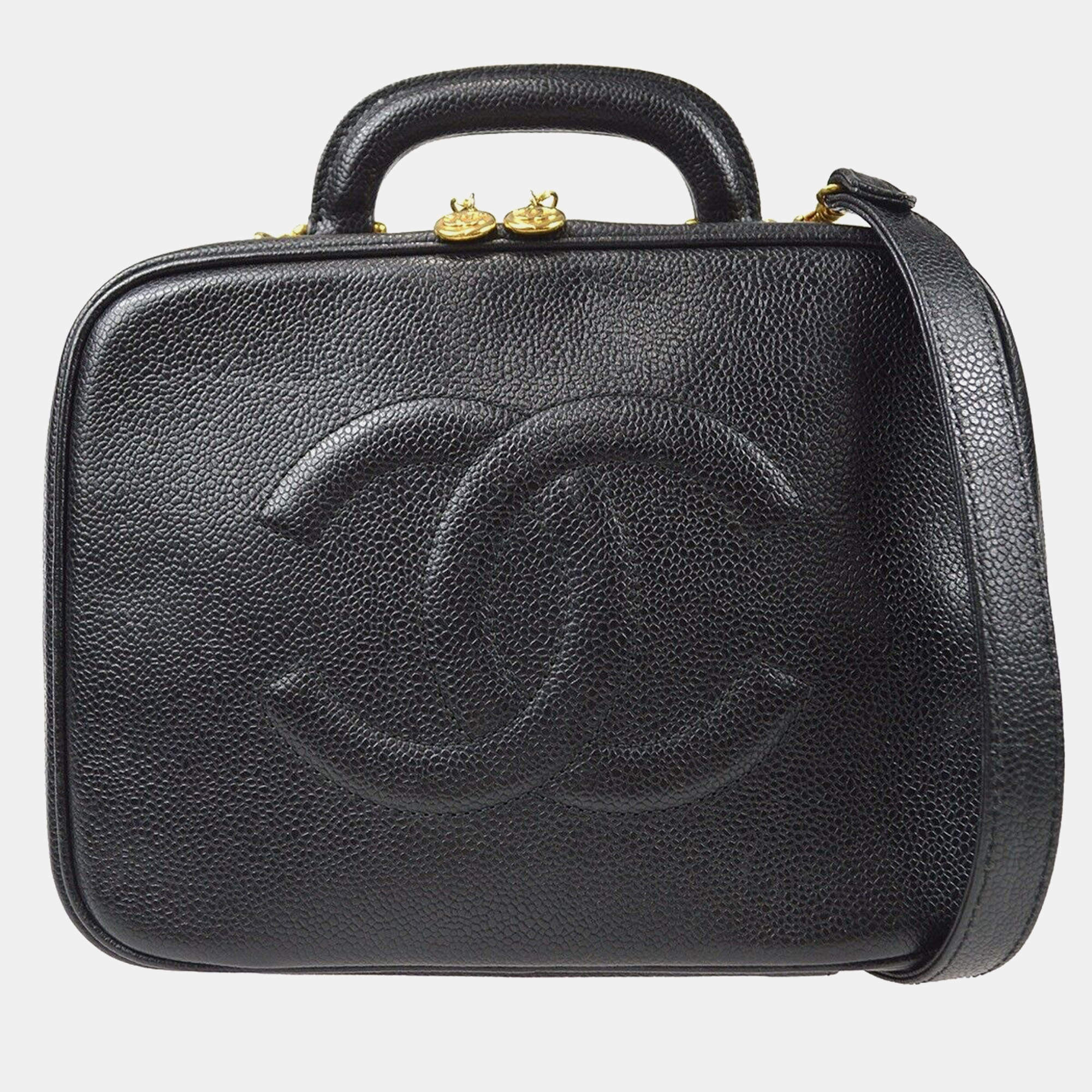 Chanel Vintage Timeless Zip Around Black Caviar Vanity Case 