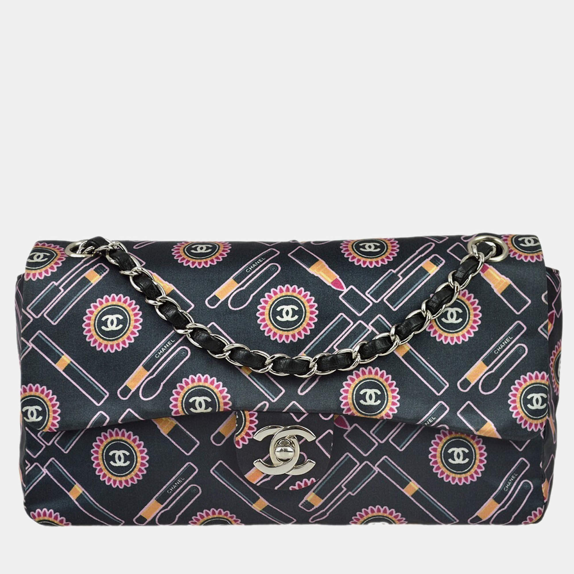 Chanel Classic Single Flap Black Satin Lipstick Shoulder Bag