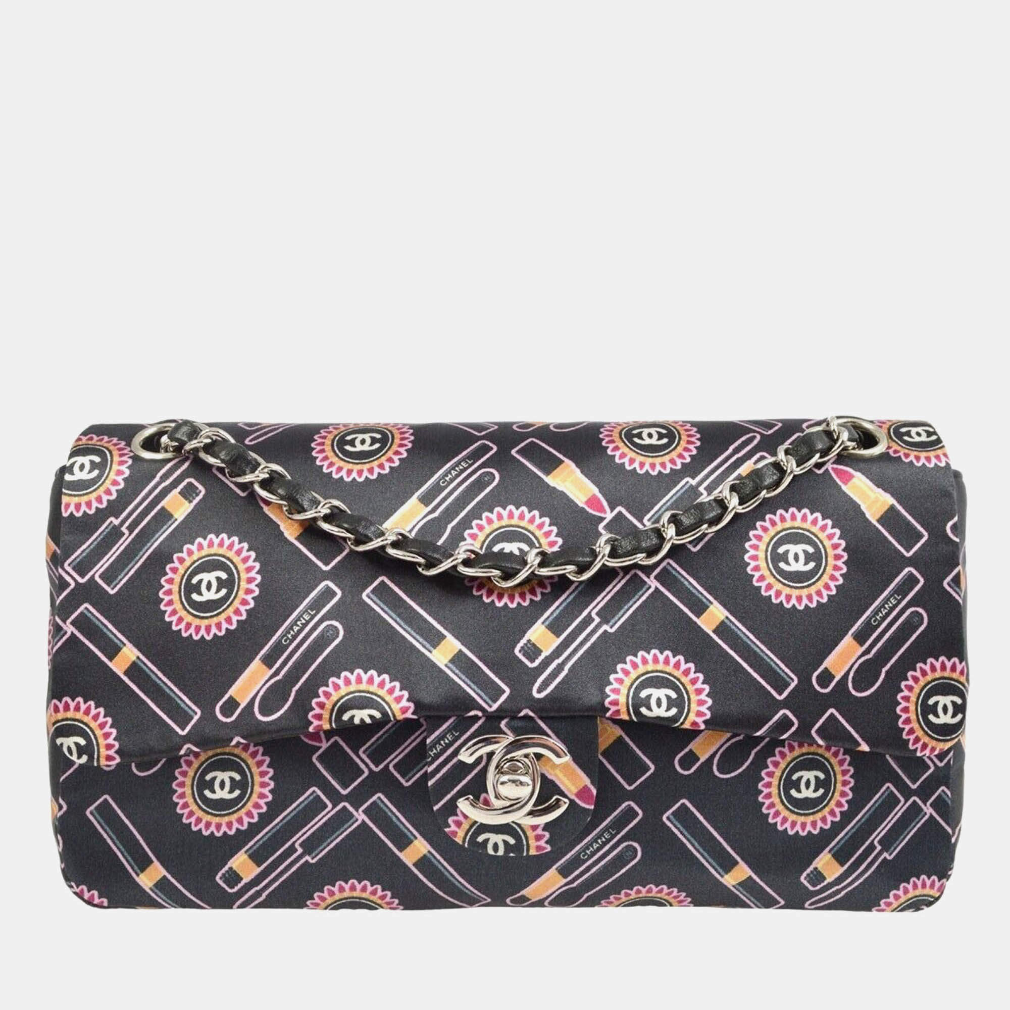 Chanel Lipstick Classic Single Flap Black/Pink Satin Shoulder Bag