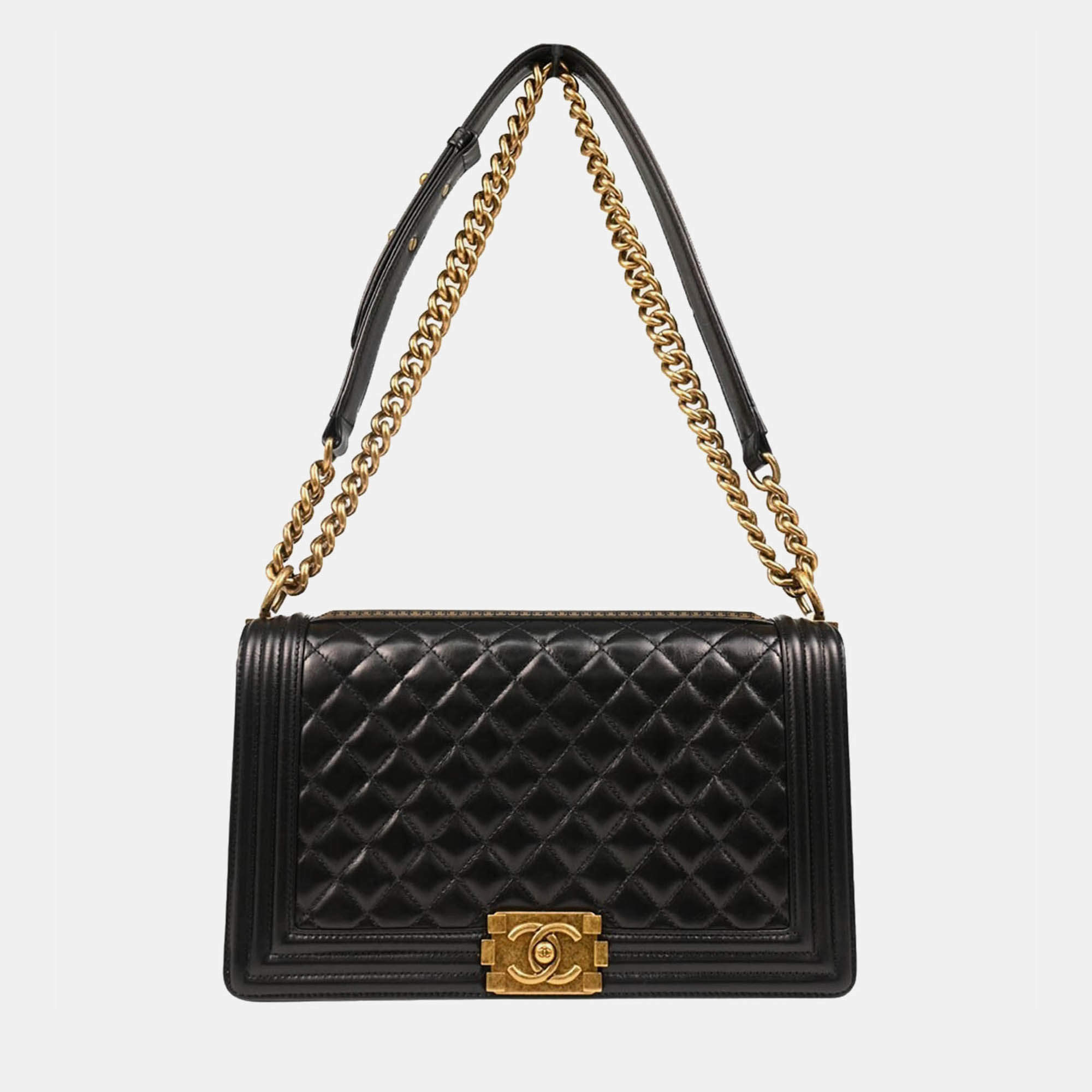 Pre Owned Chanel Boy Medium Black Calfskin Shoulder Bag
