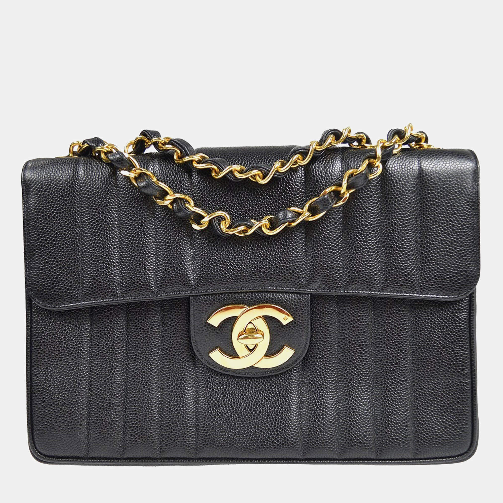 Chanel Mademoiselle Jumbo Classic Flap Black Caviar Leather Shoulder Bag