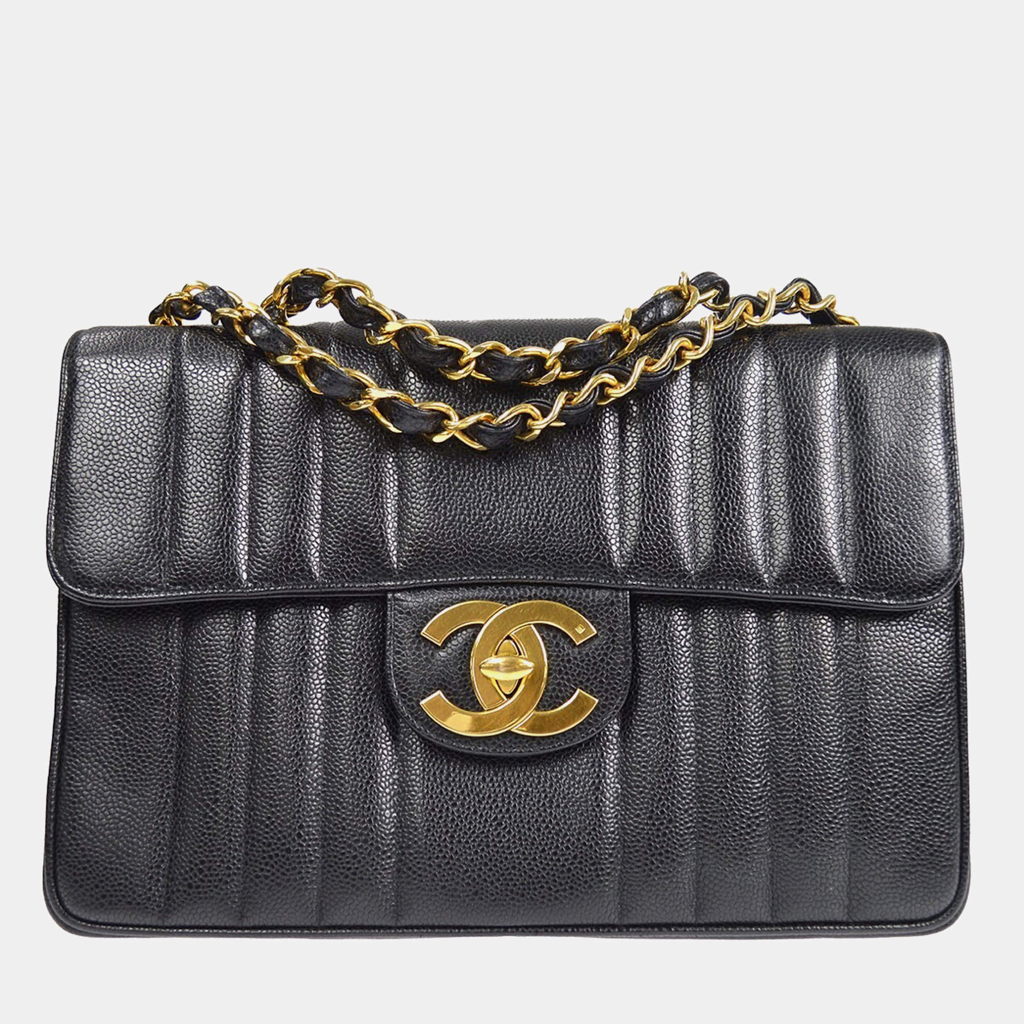 Pre Owned Chanel Mademoiselle Classic Flap Black Leather Double Chain Shoulder Bag