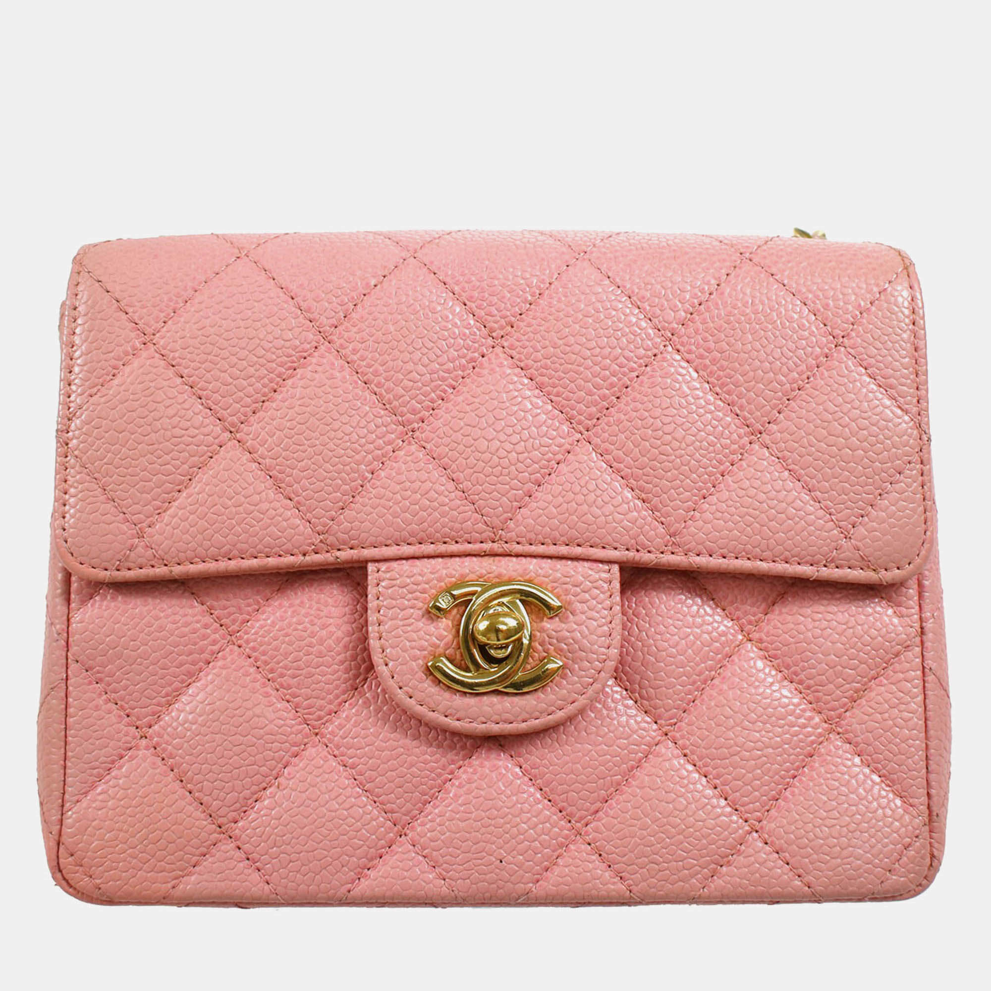 Pre Owned Chanel Pink Calfskin Mini Classic Square Flap Bag