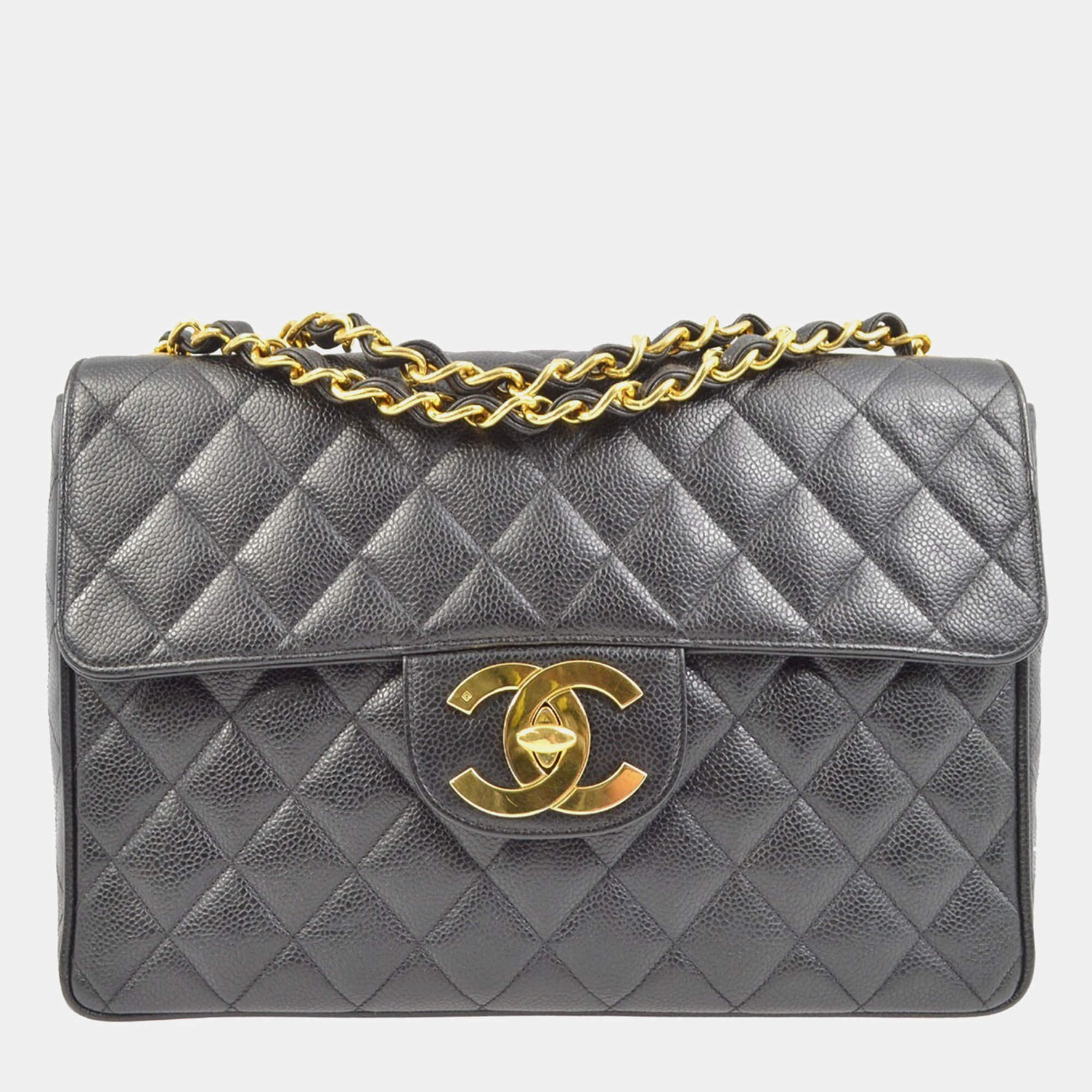 Chanel Classic Single Flap Jumbo Black Quilted Caviar Bag