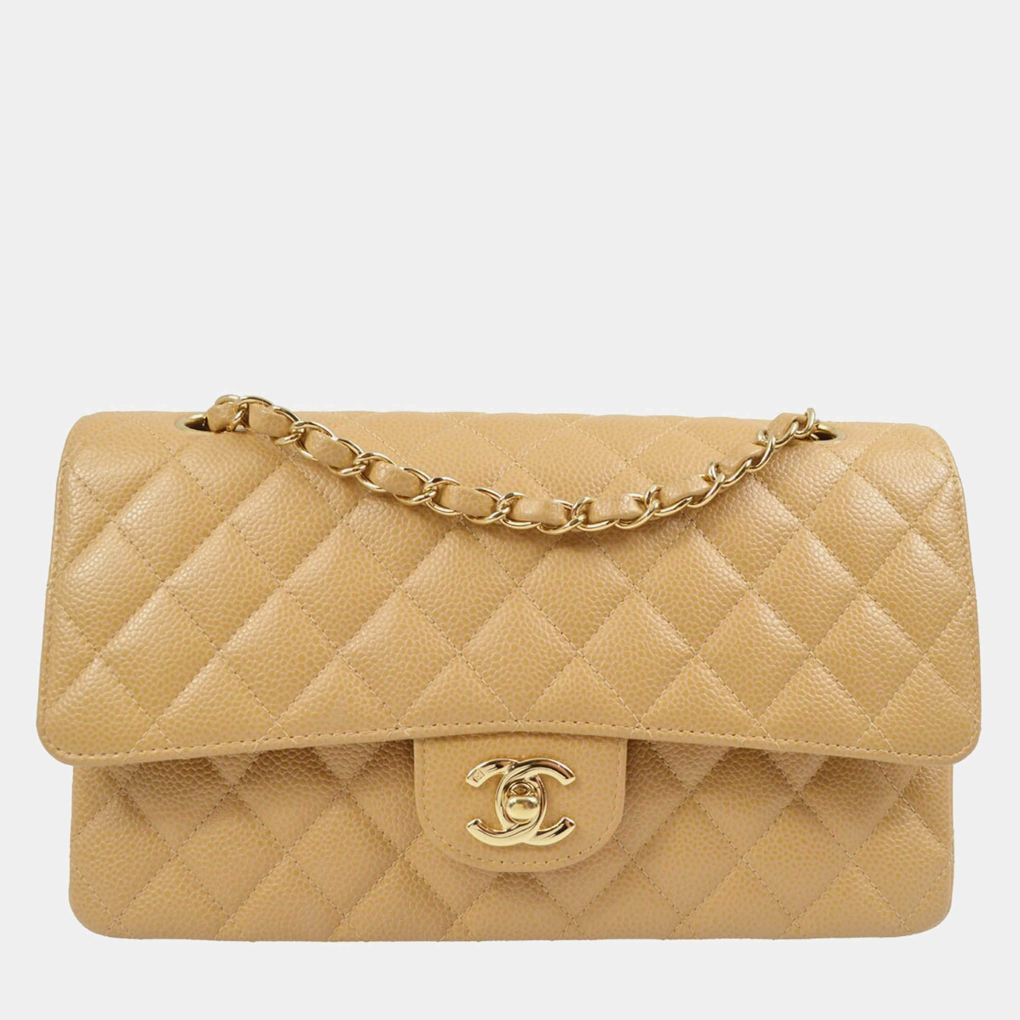 Chanel Classic Double Flap Medium Beige Calfskin Shoulder Bag