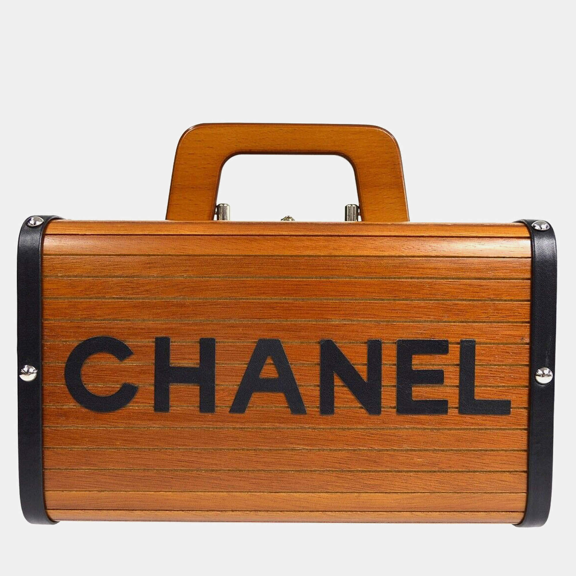 Chanel Brown Black Wood Vanity Box Handbag 