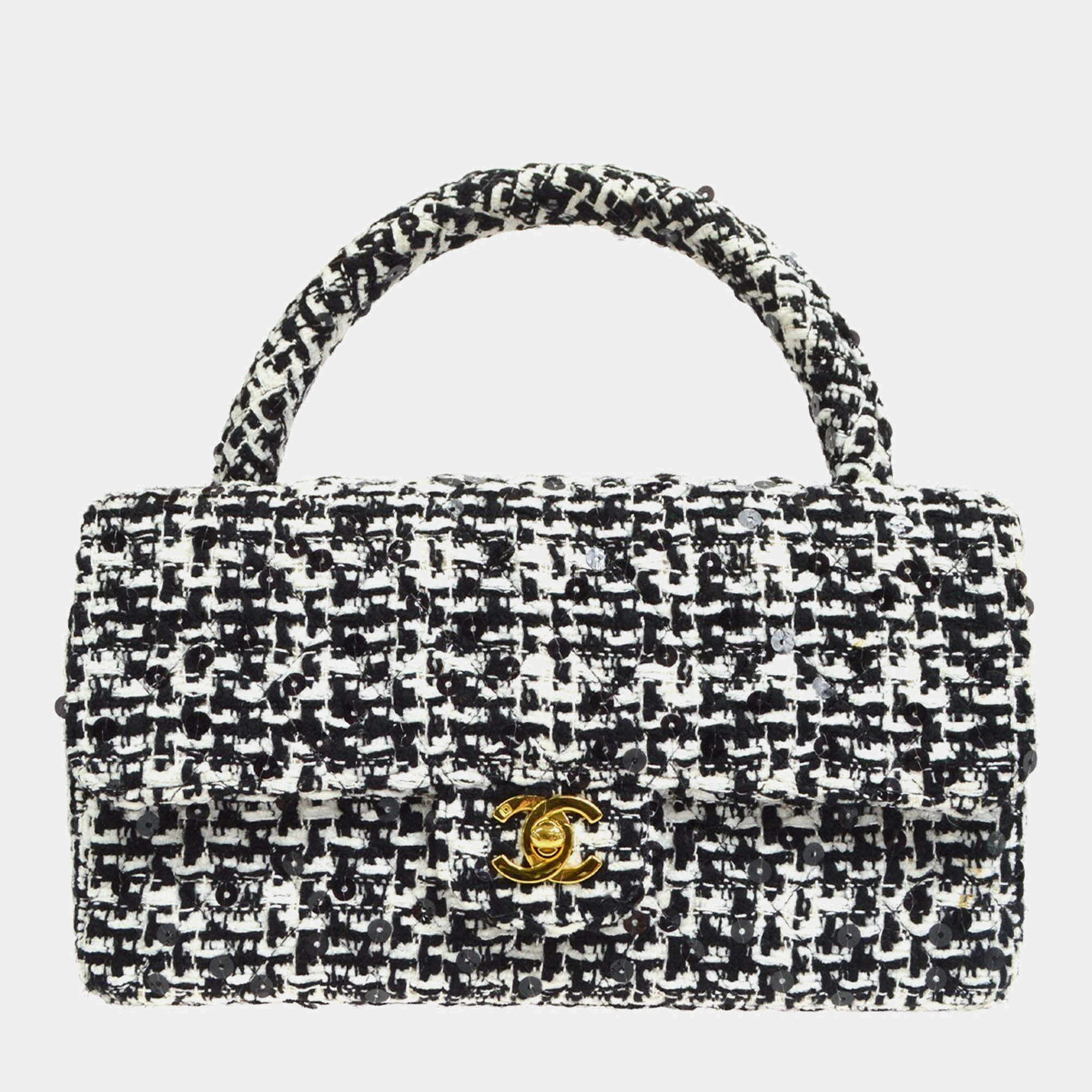 Chanel Black Tweed Sequins Top Handle Handbag