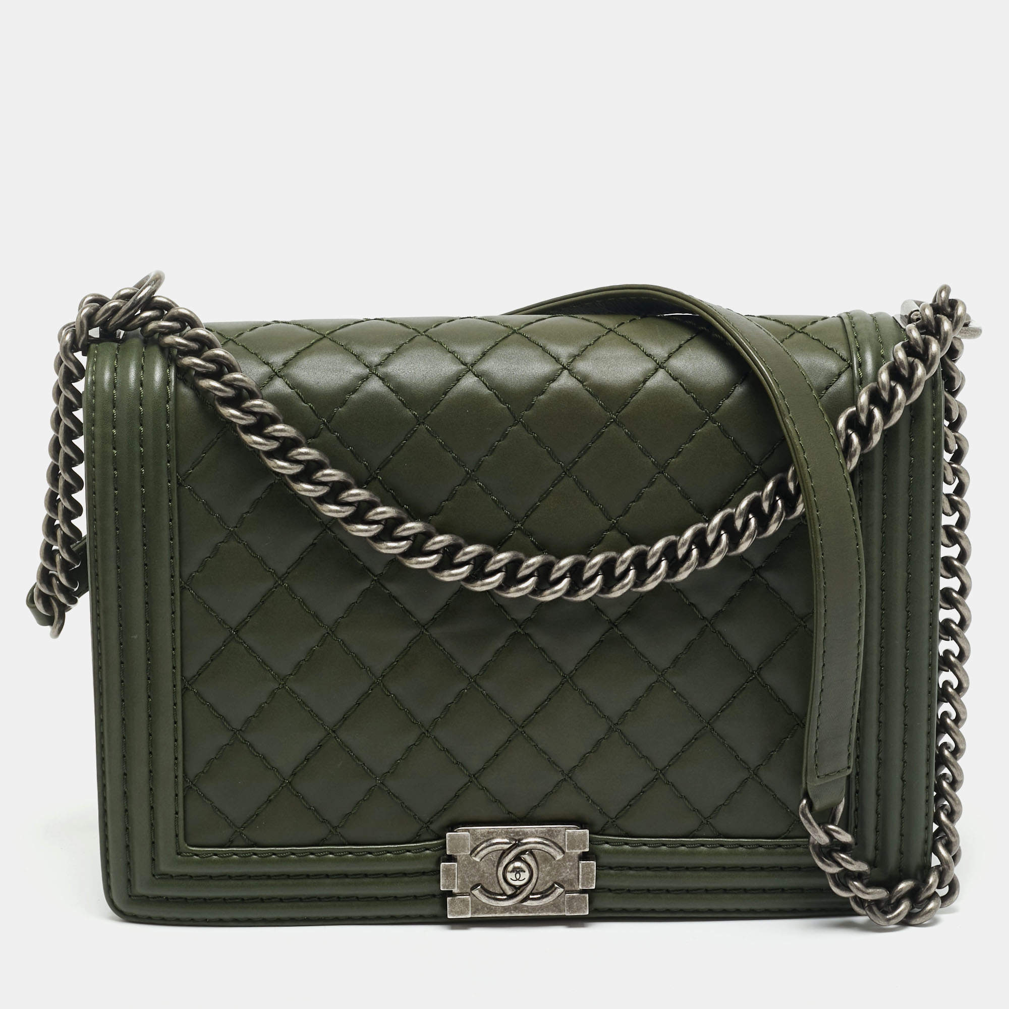 Chanel Military Green Quilted Leather Large Boy Flap Bag