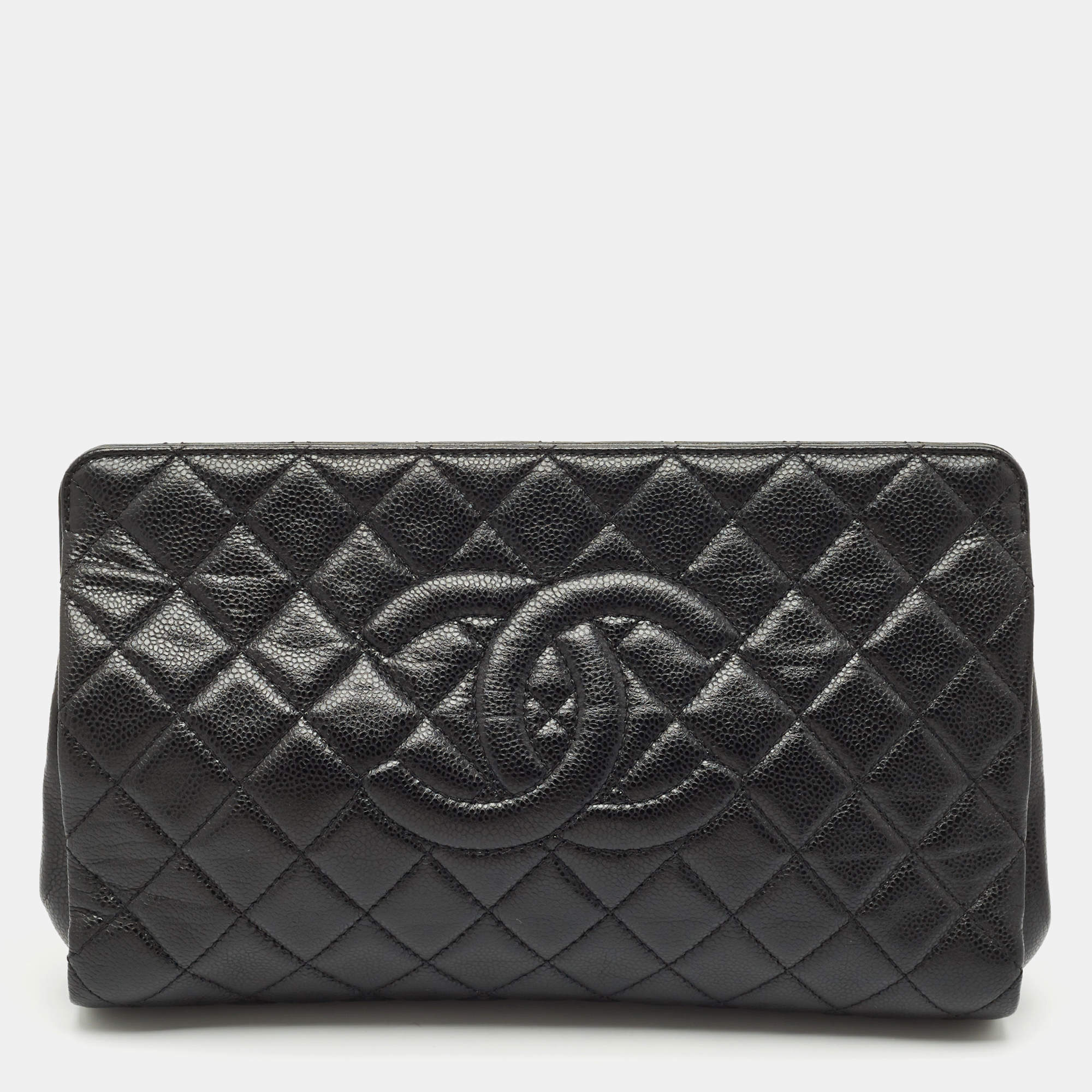 Chanel Black Quilted Caviar Leather CC Timeless Frame Clutch