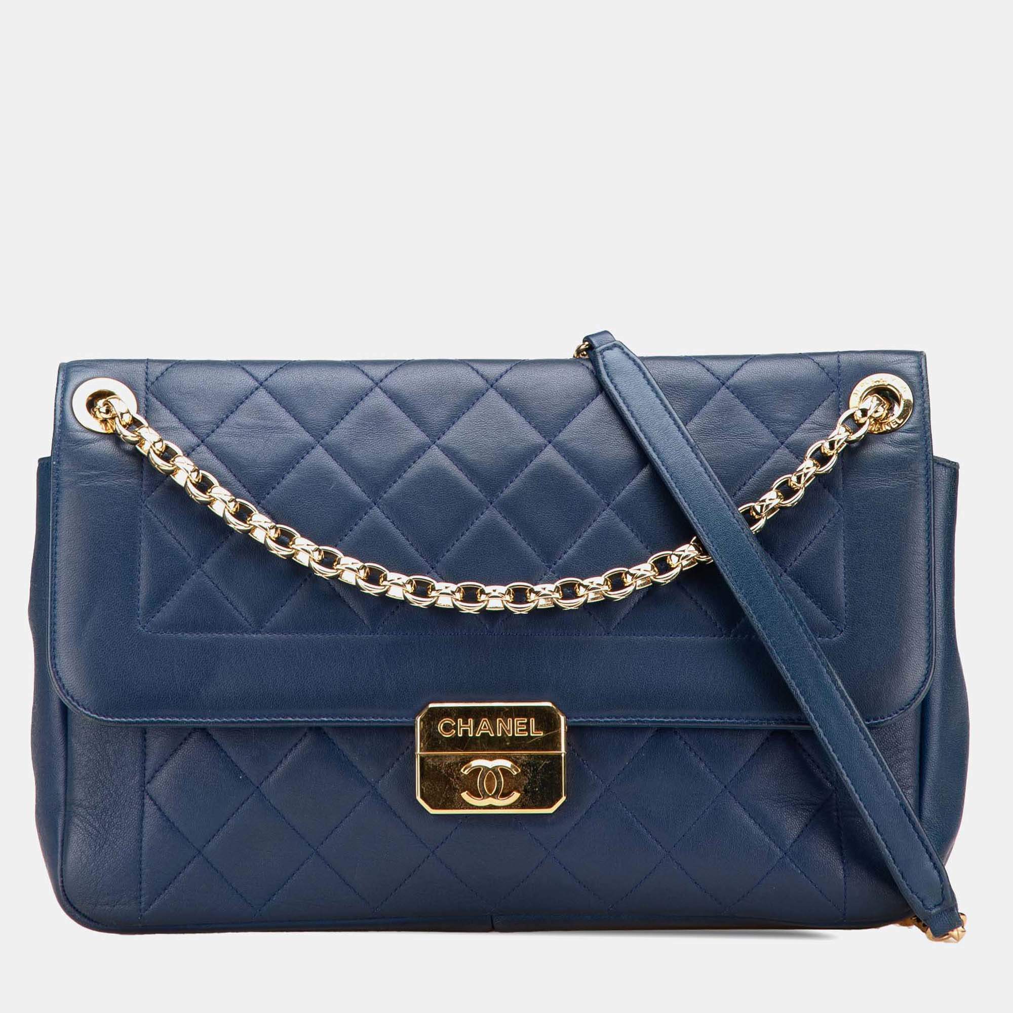 Pre Owned Chanel Navy Blue Large Lambskin Chic With Me Flap