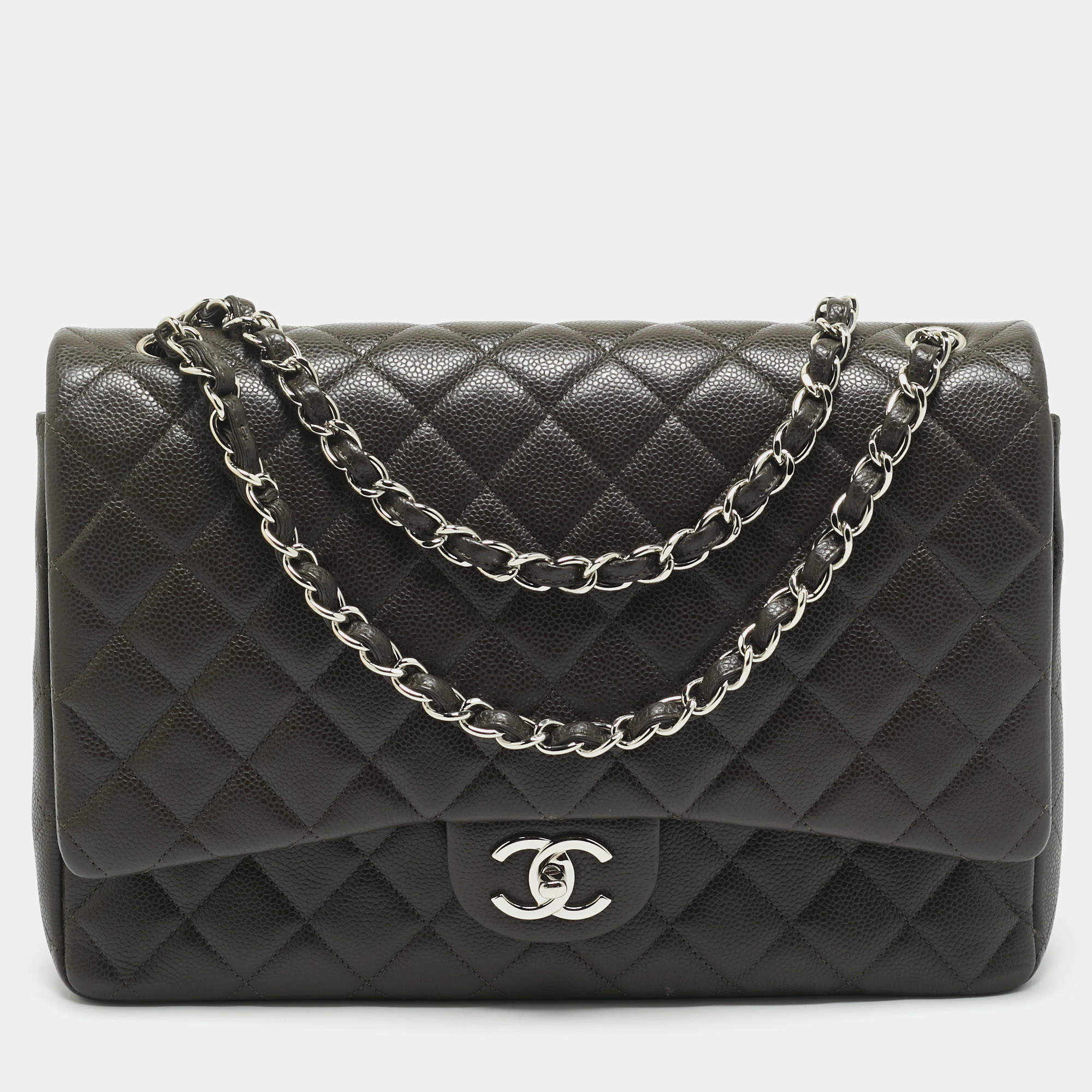 Chanel Dark Grey Quilted Caviar Leather Maxi Classic Double Flap Bag