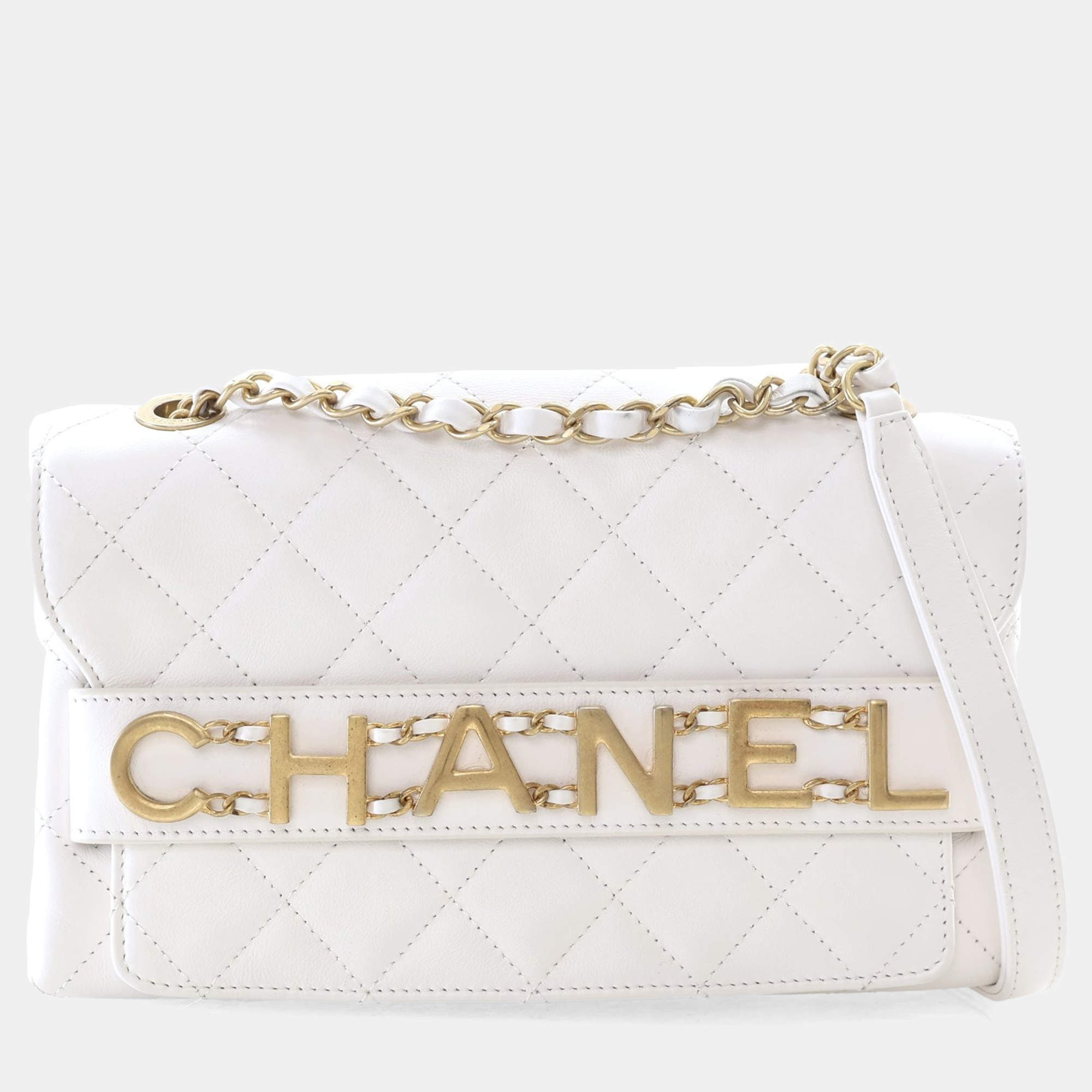 Chanel Medium White Calfskin Logo Enchained Flap Bag