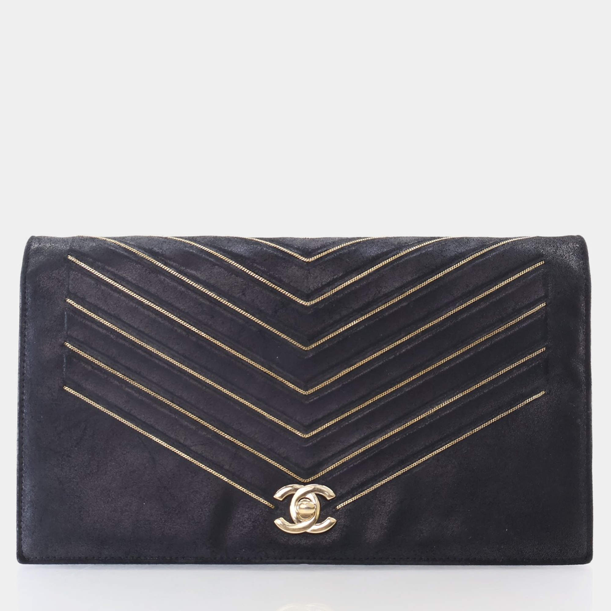 Chanel Black Nubuck Suede Micro Chain Chevron Flap Bag