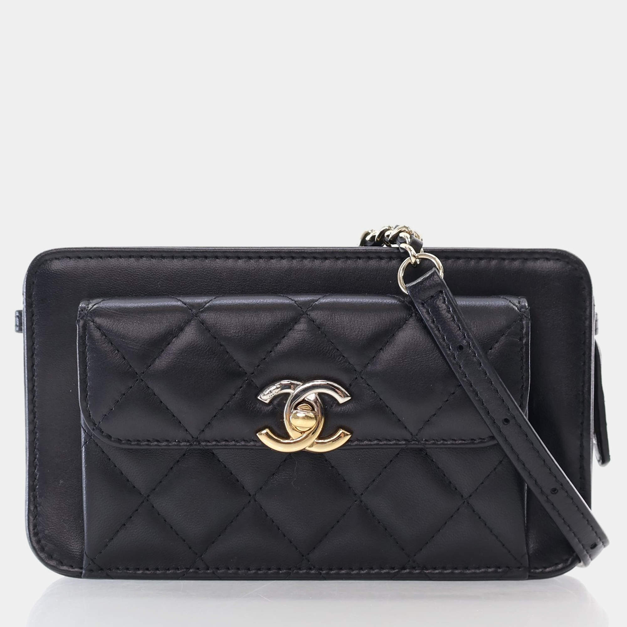 Chanel Black Lambskin Front Pocket Clutch With Chain