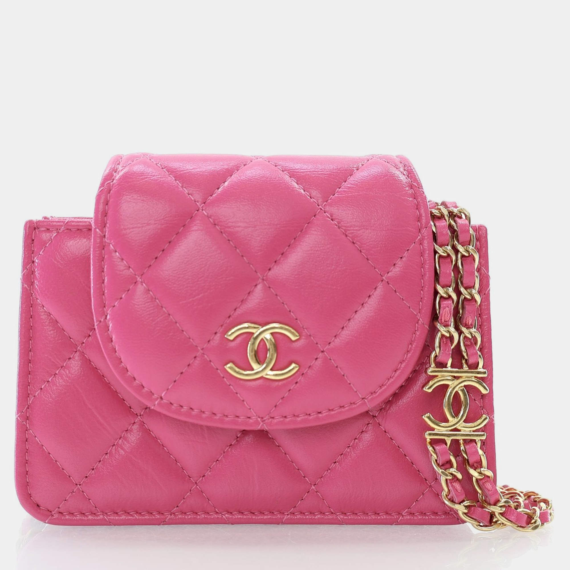 Chanel Mini Pink Lambskin Flap Clutch On Chain