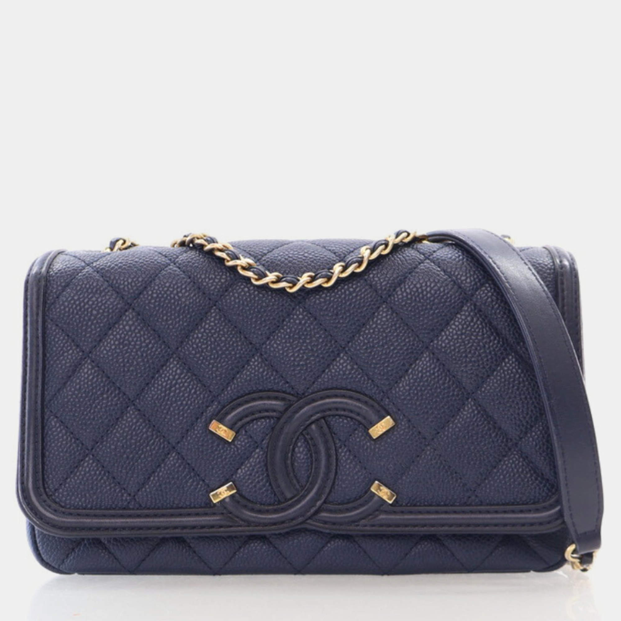 Chanel Small Navy Blue Caviar Filigree Flap Bag